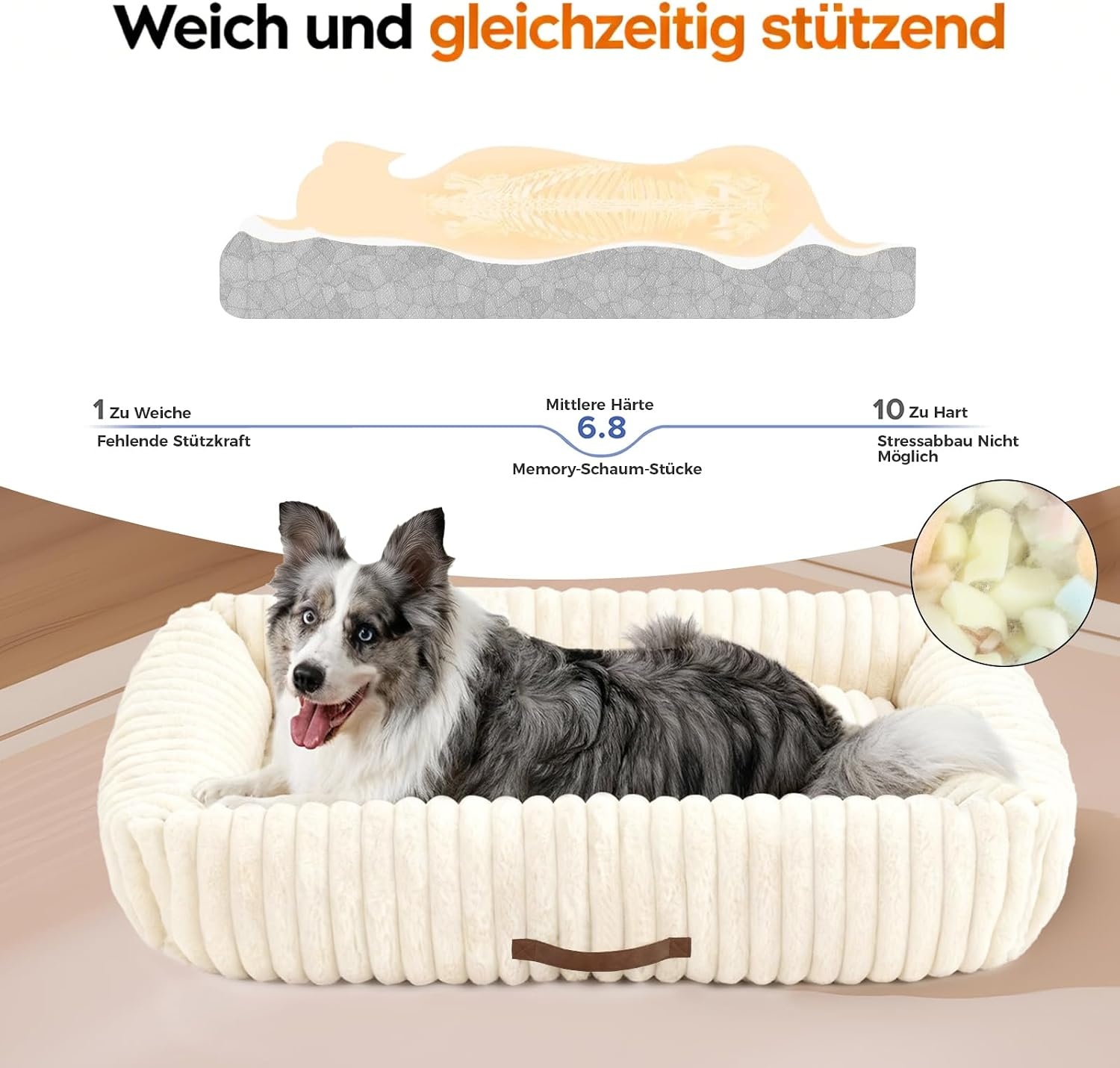 Upvilla Orthopedisch hondenbed voor grote honden met hoog kussen, corduroy, hondensofa, wasbaar, hondenbedden met antislip onderkant, beige, 91,5 x 69 x 20 cm