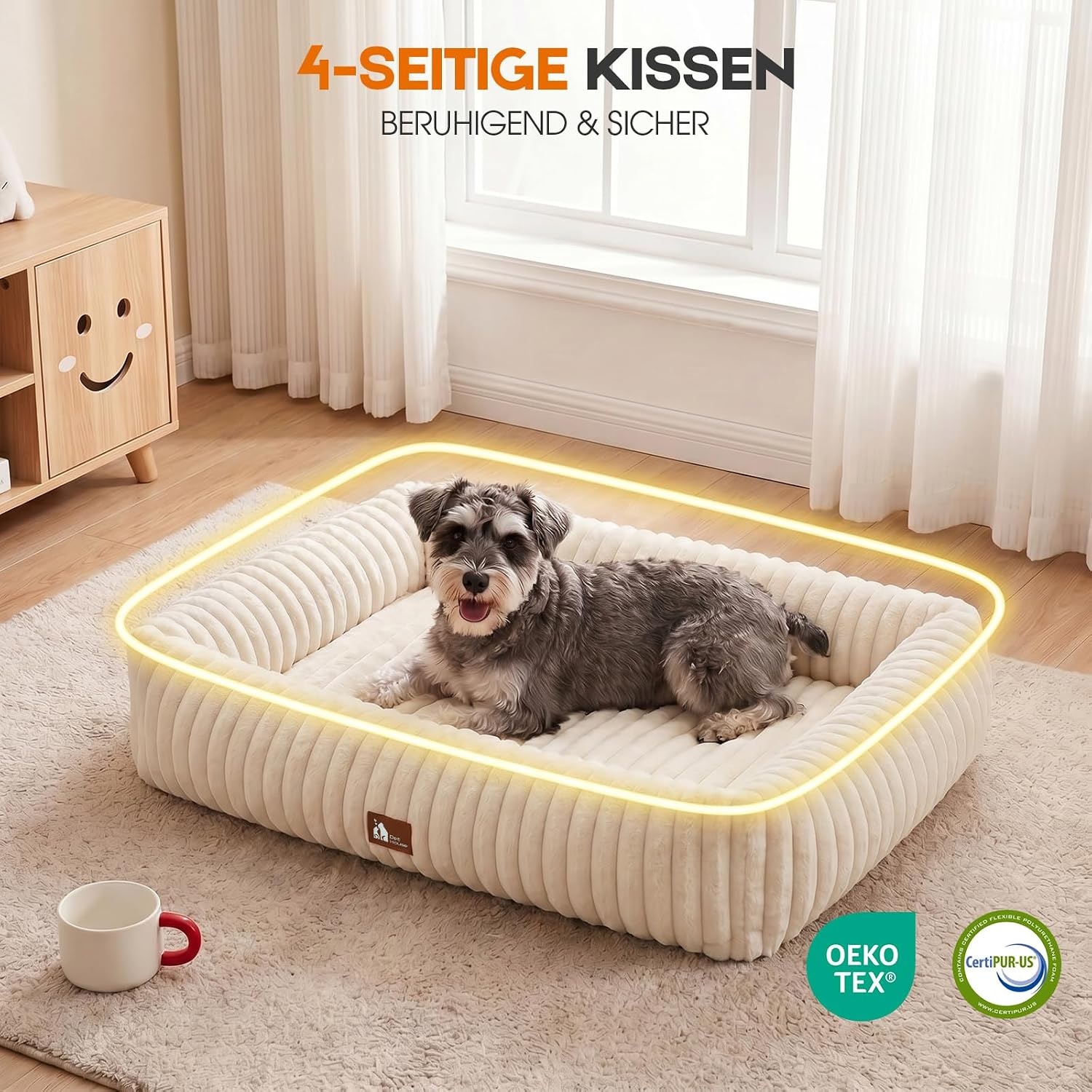 Upvilla Orthopedisch hondenbed voor grote honden met hoog kussen, corduroy, hondensofa, wasbaar, hondenbedden met antislip onderkant, beige, 91,5 x 69 x 20 cm