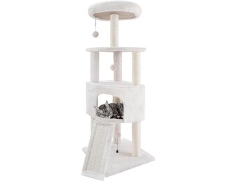 TWDEPART Kattenboom kattentoren met krabpalen voor katten binnen katten, kattenmeubilair activiteitencentrum klimboom met grote kattenappartement en hangende ballen, beige
