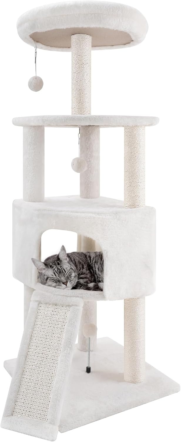 TWDEPART Kattenboom kattentoren met krabpalen voor katten binnen katten, kattenmeubilair activiteitencentrum klimboom met grote kattenappartement en hangende ballen, beige