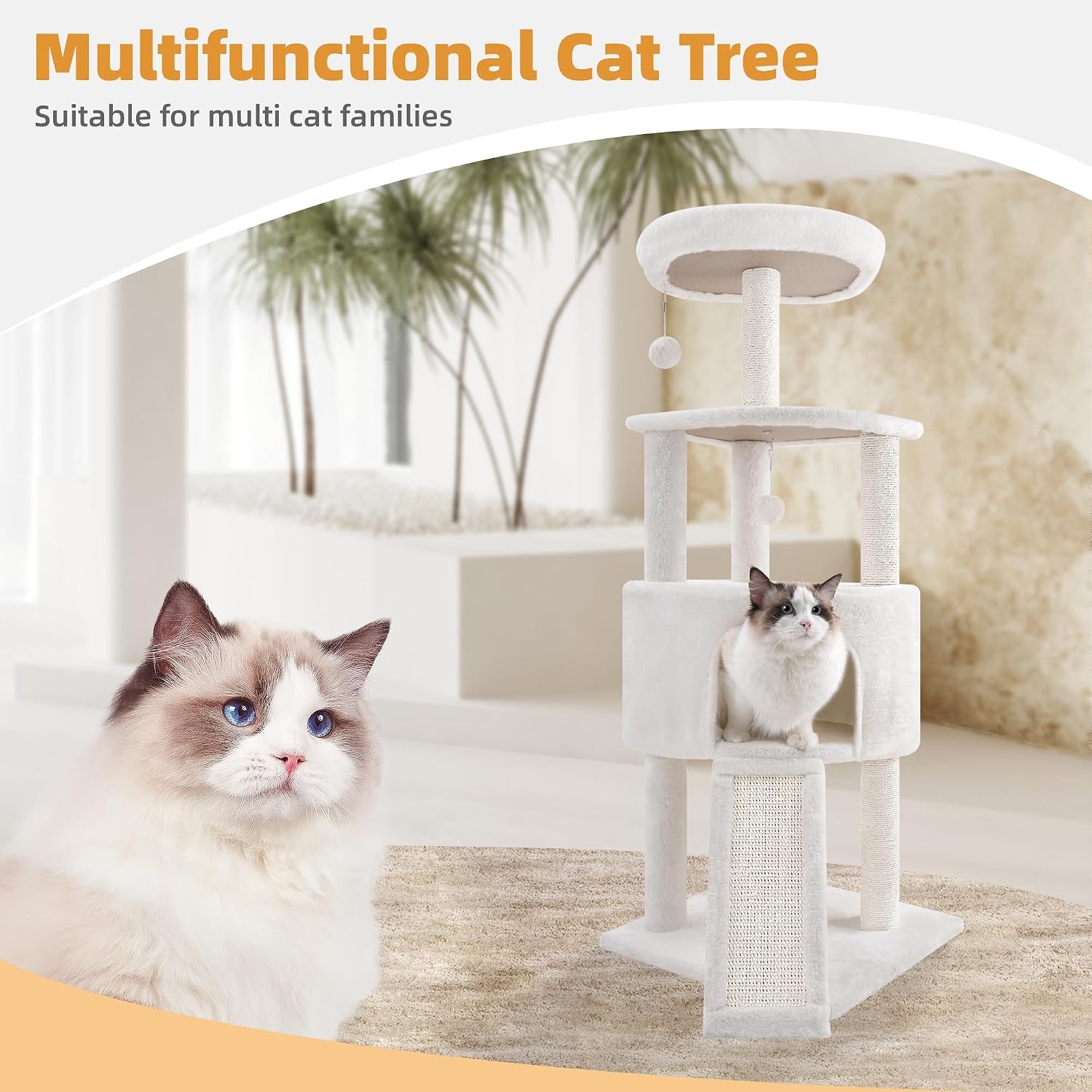 TWDEPART Kattenboom kattentoren met krabpalen voor katten binnen katten, kattenmeubilair activiteitencentrum klimboom met grote kattenappartement en hangende ballen, beige