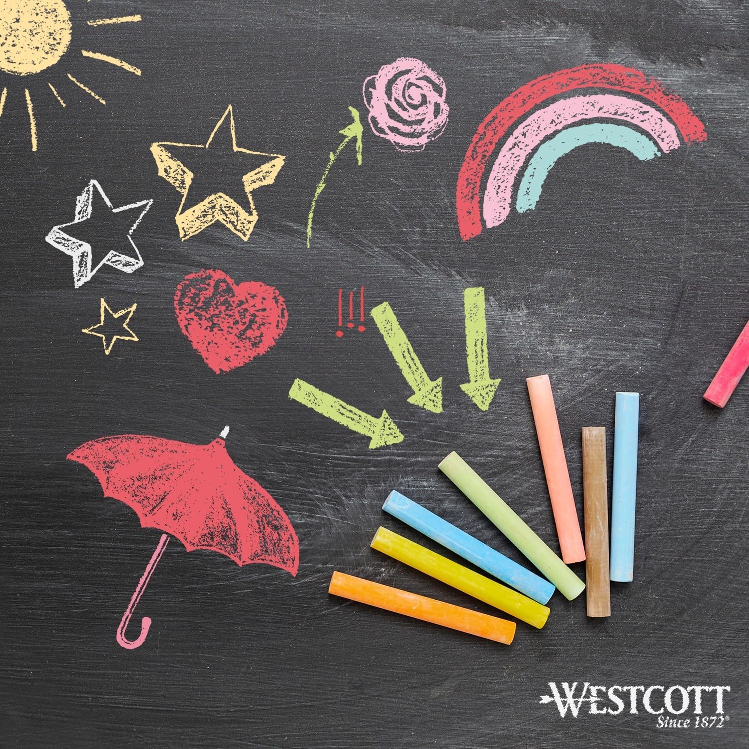 Westcott Krijt 100 stuks gekleurd | Voordeelverpakking Schoolbordkrijt met 1,2 cm ↓ in felle kleuren | Stofarm en gemakkelijk af te vegen | 8,5 cm lange krijtstiften | E-744987 00