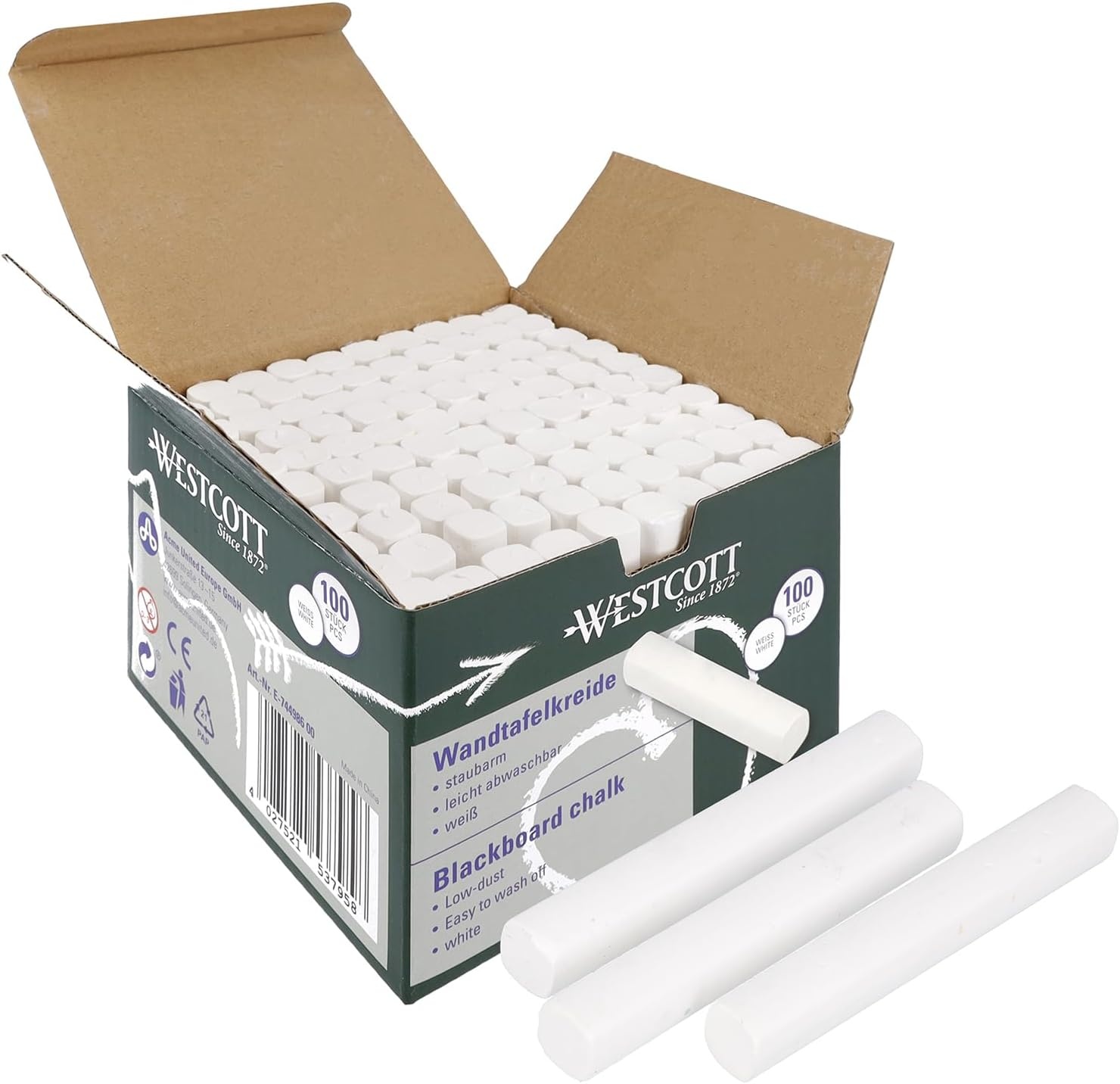 Westcott Krijt 100 stuks gekleurd | Voordeelverpakking Schoolbordkrijt met 1,2 cm ↓ in felle kleuren | Stofarm en gemakkelijk af te vegen | 8,5 cm lange krijtstiften | E-744987 00