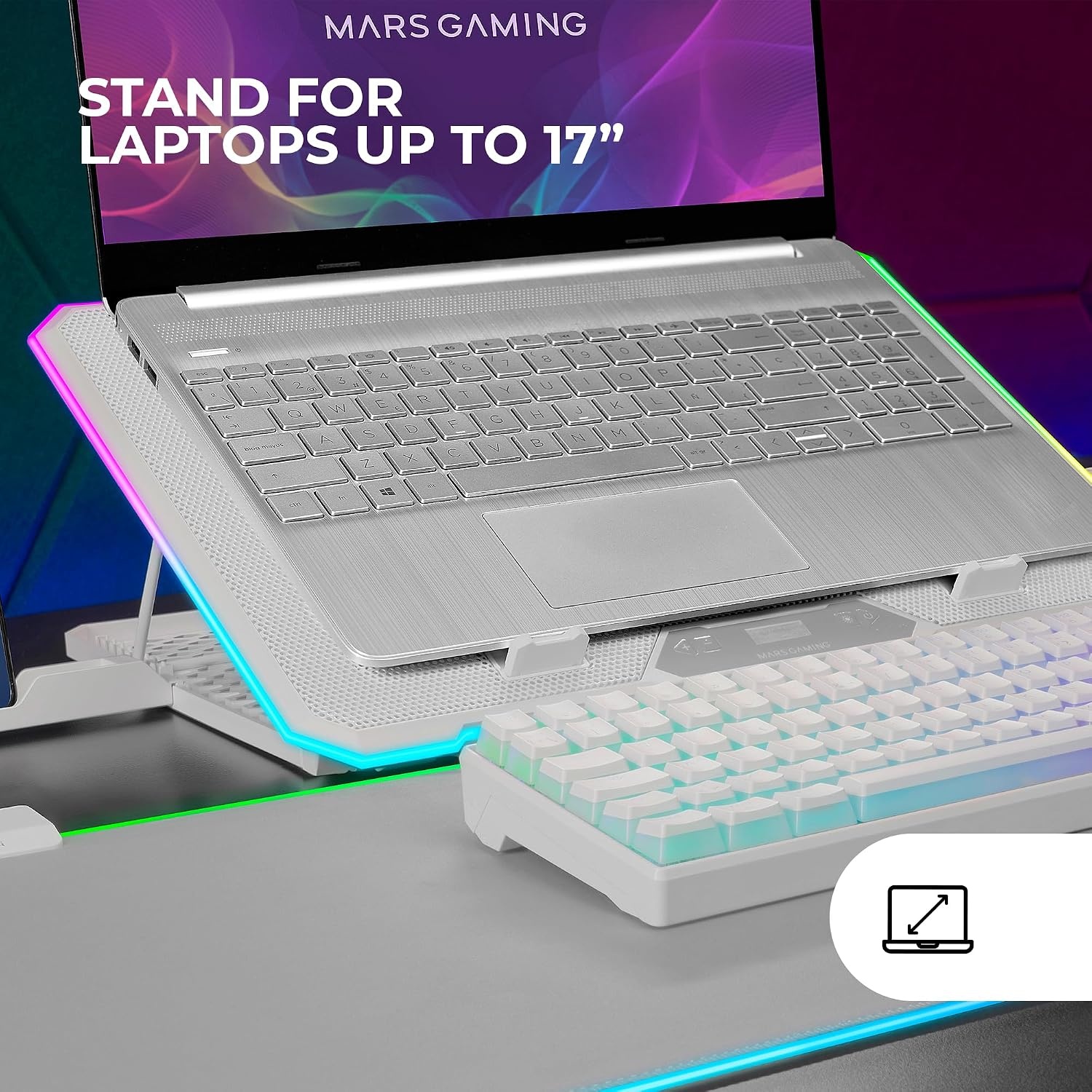 Mars Gaming MNBC13, Laptop Stand and Cooling Base for Notebooks up to 17", ARGB Lighting 10 Modes, 13x Fans with White LED, Adjustable 8 Positions, LCD Display, Smartphone Stand, White