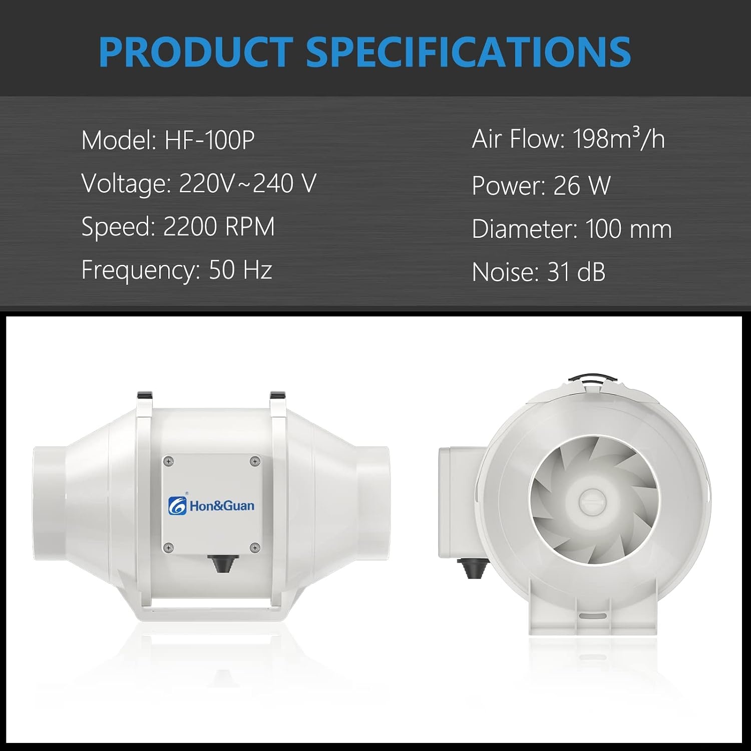 Hon&Guan Buisventilator 100mm - Kanaalventilator met 2 Snelheden voor Badkamer en Kantoor - Wit