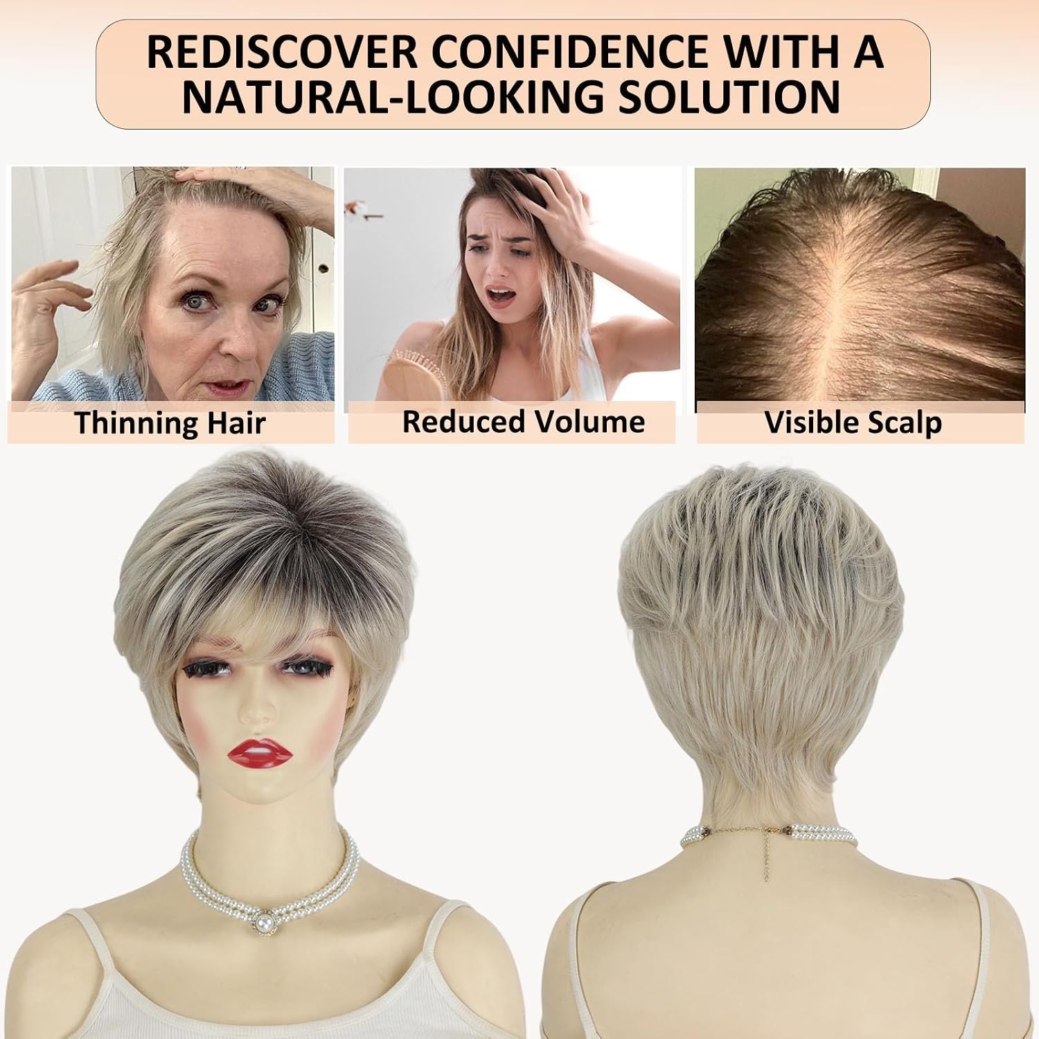 Ombre Pixie Pruik Platinablond Kort met Pony - Synthetisch Dames