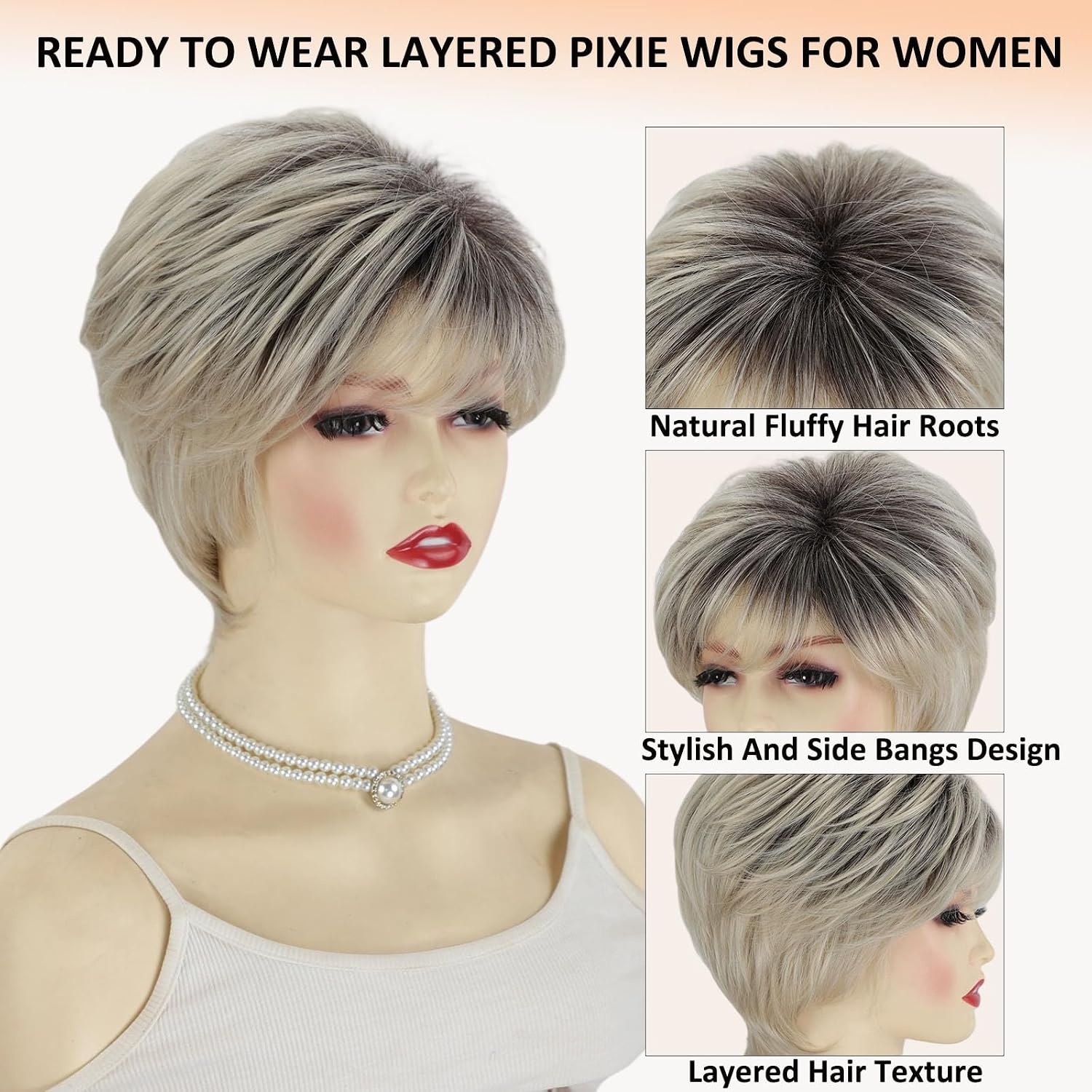 Ombre Pixie Pruik Platinablond Kort met Pony - Synthetisch Dames