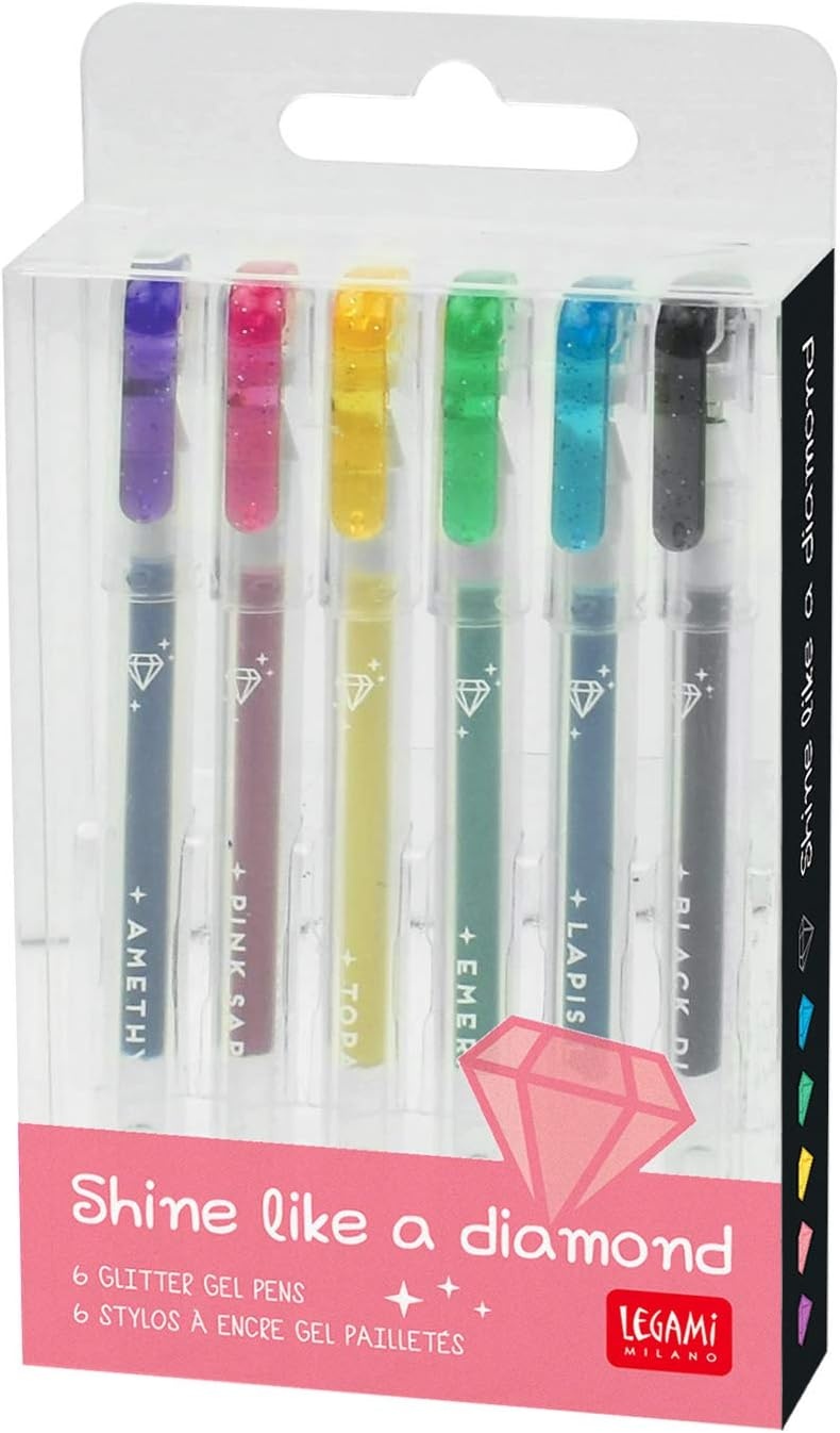 Legami - Set van 6 mini-glittergelstiften, 0,8 x 10,8 cm, Shine Like a Diamond, diameter van de punt 1,0 mm, kleur paars, goud, groen, blauw, roze, zwart