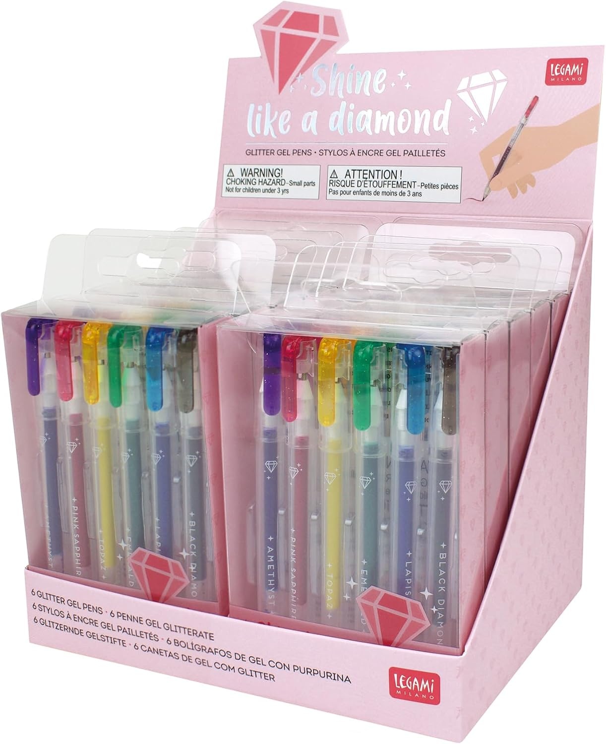 Legami - Set van 6 mini-glittergelstiften, 0,8 x 10,8 cm, Shine Like a Diamond, diameter van de punt 1,0 mm, kleur paars, goud, groen, blauw, roze, zwart