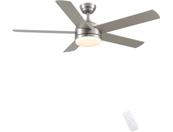 CJOY Plafondlamp met Ventilator, Plafondventilator met Licht en Afstandsbediening Dimbaar Zandnikkel 52 inch AC met 5 Ventilatorbladen Houten Plafondventilator Stil met LED Lamp + Glazen Afdekking