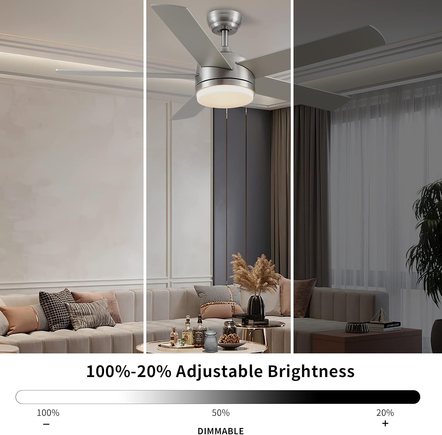 CJOY Plafondlamp met Ventilator, Plafondventilator met Licht en Afstandsbediening Dimbaar Zandnikkel 52 inch AC met 5 Ventilatorbladen Houten Plafondventilator Stil met LED Lamp + Glazen Afdekking