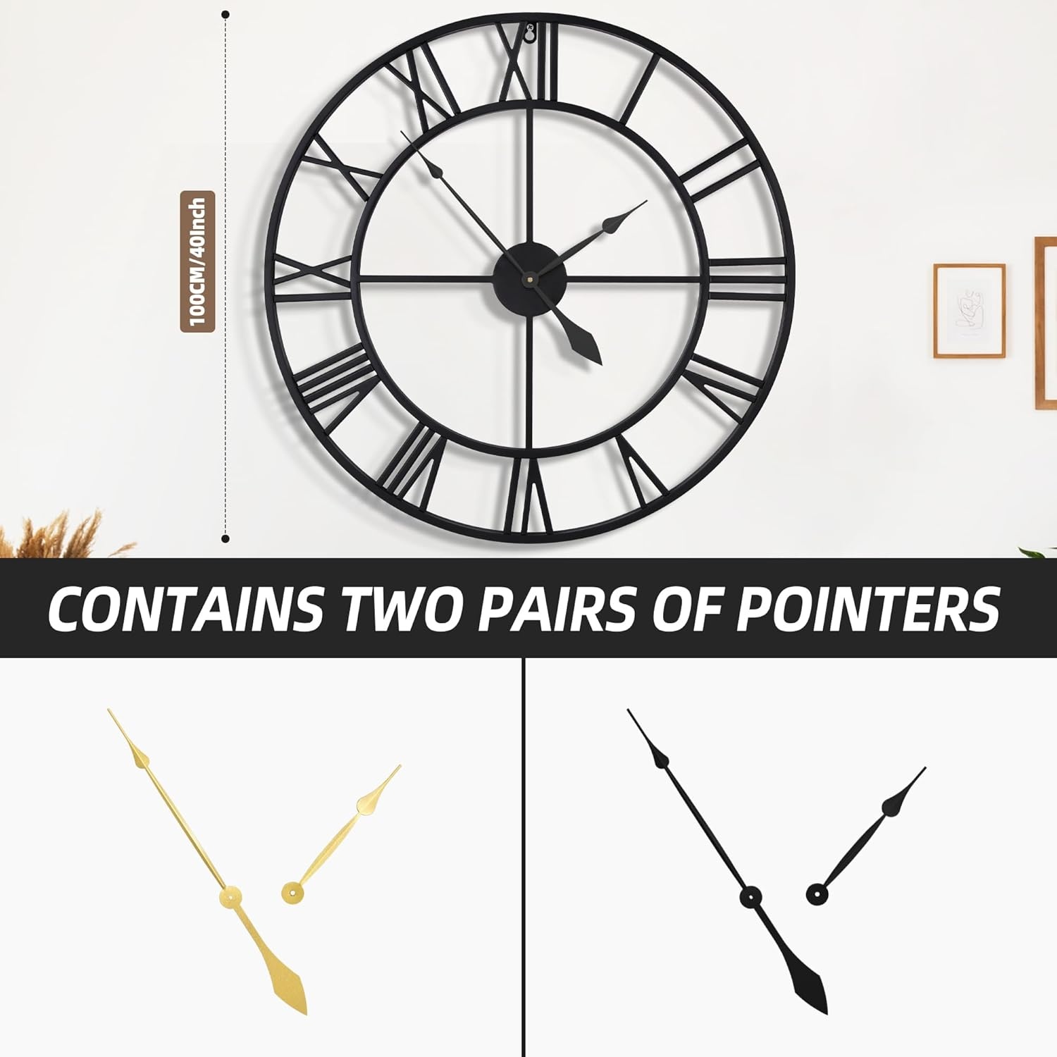 HAITANG 40 inch grote wandklok, oversized moderne ronde, zwart metaal, geruisloos, bijna niet-tikkende batterij, Romeinse cijfers, klokken voor woonkamer, slaapkamer, wandklok decoratie