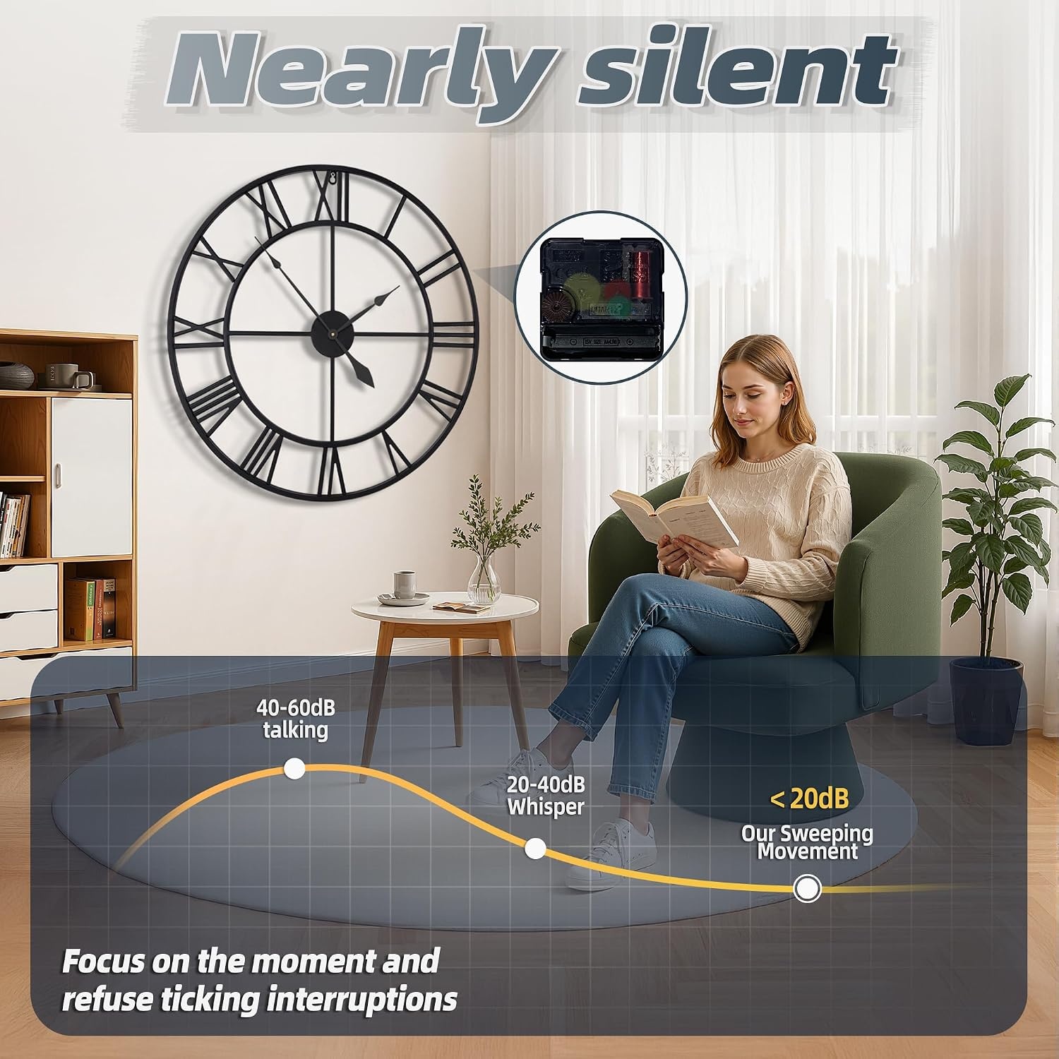 HAITANG 40 inch grote wandklok, oversized moderne ronde, zwart metaal, geruisloos, bijna niet-tikkende batterij, Romeinse cijfers, klokken voor woonkamer, slaapkamer, wandklok decoratie