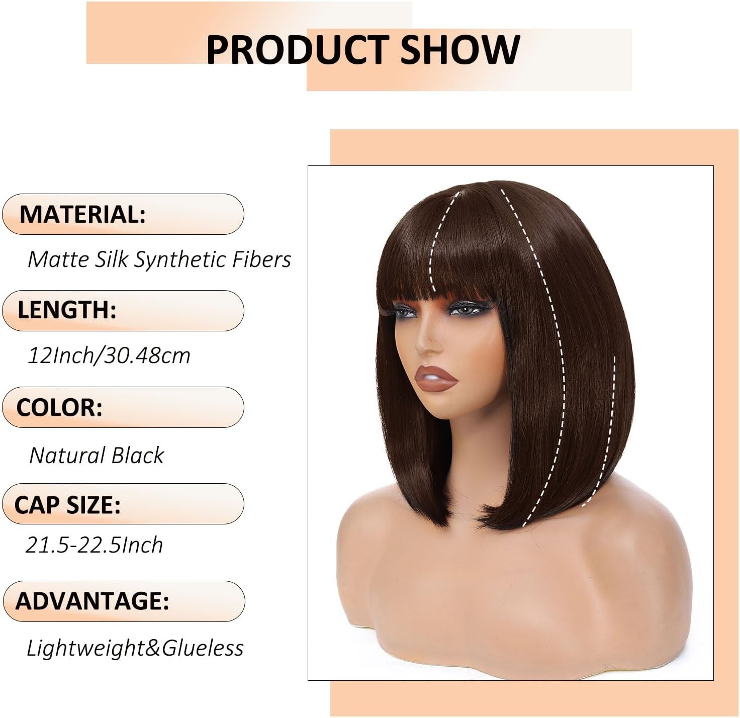 Dames Pruik Bob Kort Donkerbruin met Pony - Synthetisch Haar