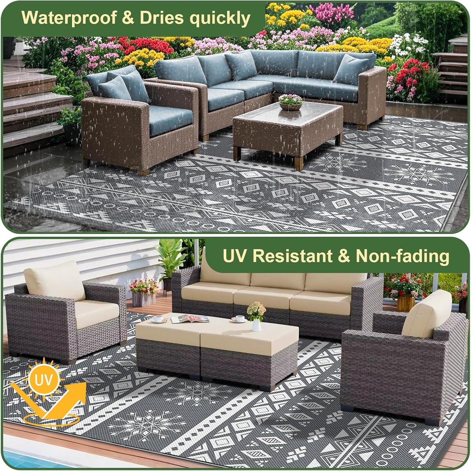 MOKANI Groot buitentapijt voor terras, waterdicht, omkeerbaar tuintapijt, 240 x 300 cm, kunststof tapijt, lichtgewicht opvouwbare boho-oppervlaktematten, UV-bestendig buitentapijt voor camper, balkon - Maat 240 x 300 cm