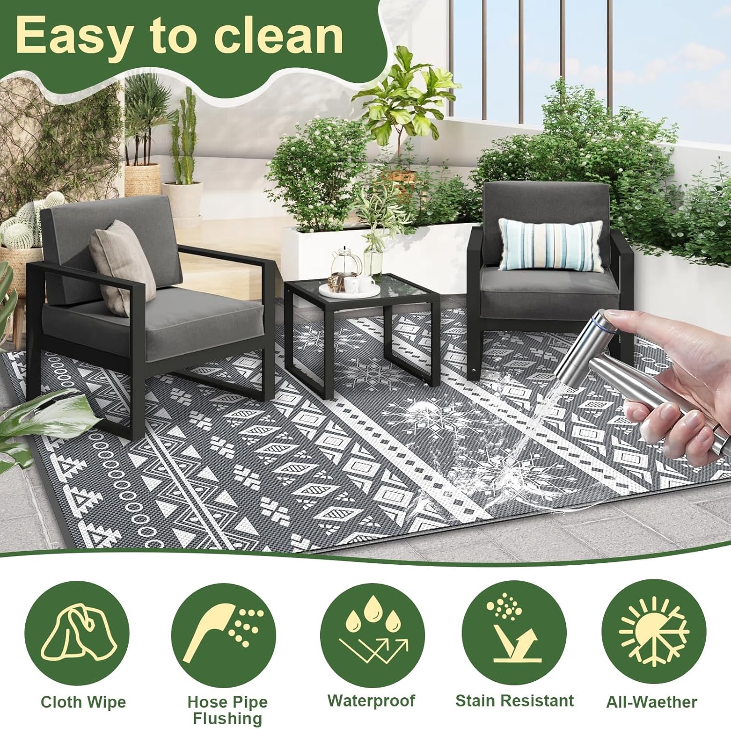 MOKANI Groot buitentapijt voor terras, waterdicht, omkeerbaar tuintapijt, 240 x 300 cm, kunststof tapijt, lichtgewicht opvouwbare boho-oppervlaktematten, UV-bestendig buitentapijt voor camper, balkon - Maat 240 x 300 cm