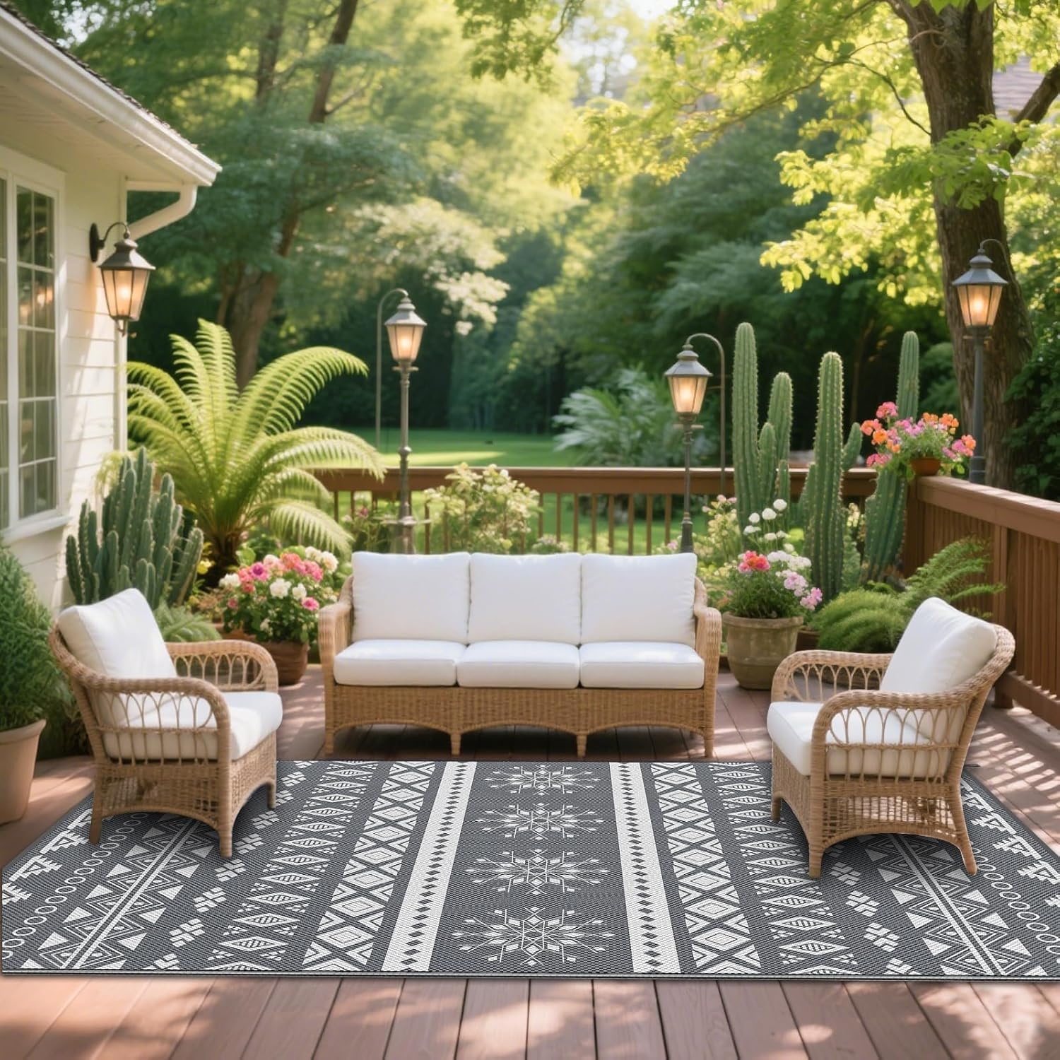 MOKANI Groot buitentapijt voor terras, waterdicht, omkeerbaar tuintapijt, 240 x 300 cm, kunststof tapijt, lichtgewicht opvouwbare boho-oppervlaktematten, UV-bestendig buitentapijt voor camper, balkon - Maat 240 x 300 cm