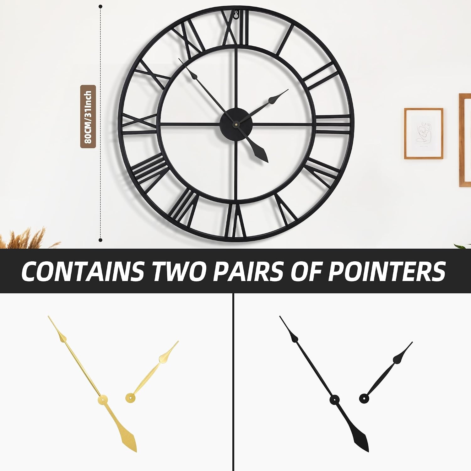 80 cm grote wandklok 30 inch oversized moderne ronde black metal stille bijna niet -tikken batterij bediende Romeinse cijfers klokken voor woonkamer, slaapkamer, keukendecoratie - 80 cm