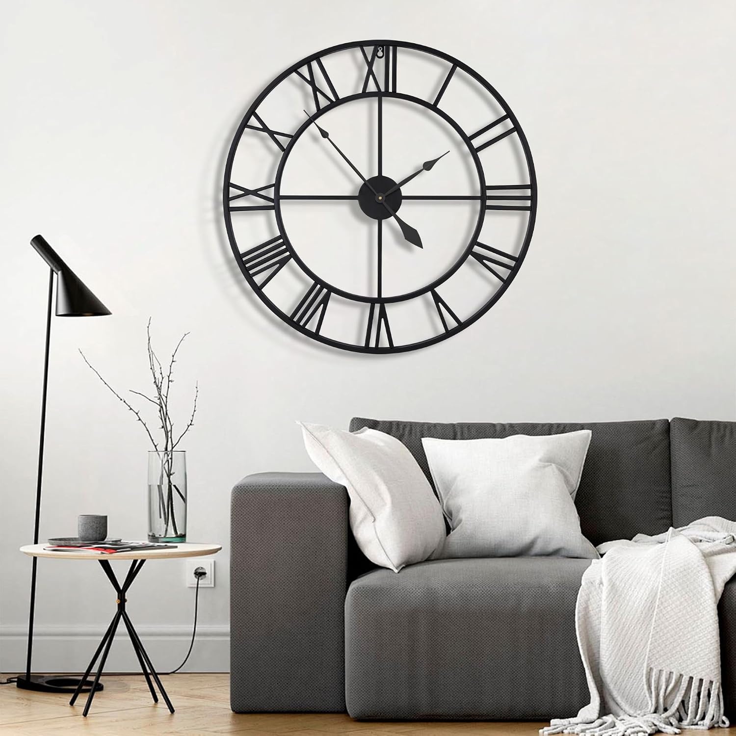 80 cm grote wandklok 30 inch oversized moderne ronde black metal stille bijna niet -tikken batterij bediende Romeinse cijfers klokken voor woonkamer, slaapkamer, keukendecoratie - 80 cm