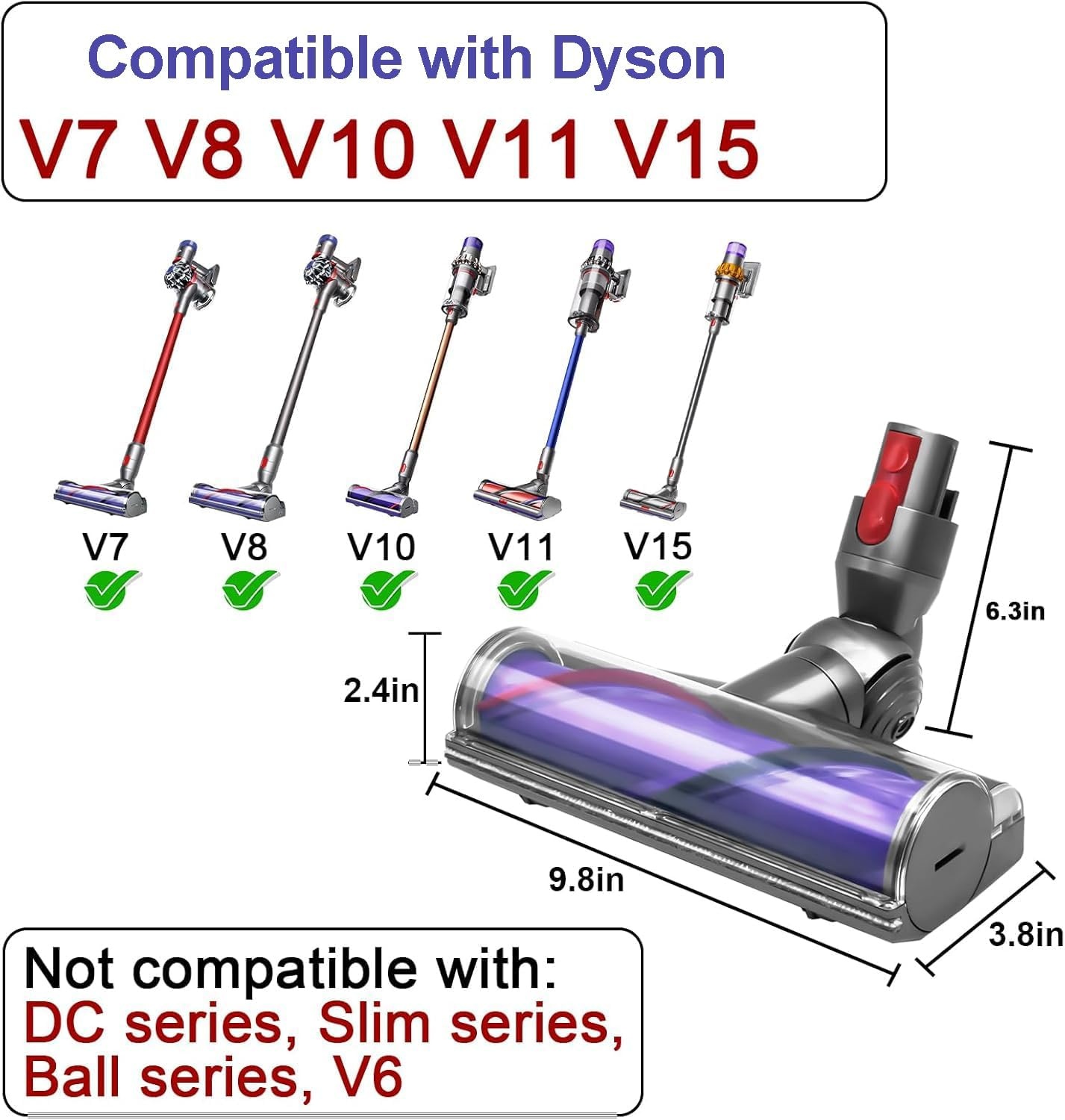 Elektrische borstel compatibel met Dyson V7, V8, V10, V11, V15, SV10, SV11, SV12, SV14, reserveonderdeel directe aandrijving, reinigingskop, turbine vloerzuigmond, accessoires voor turboborstel voor