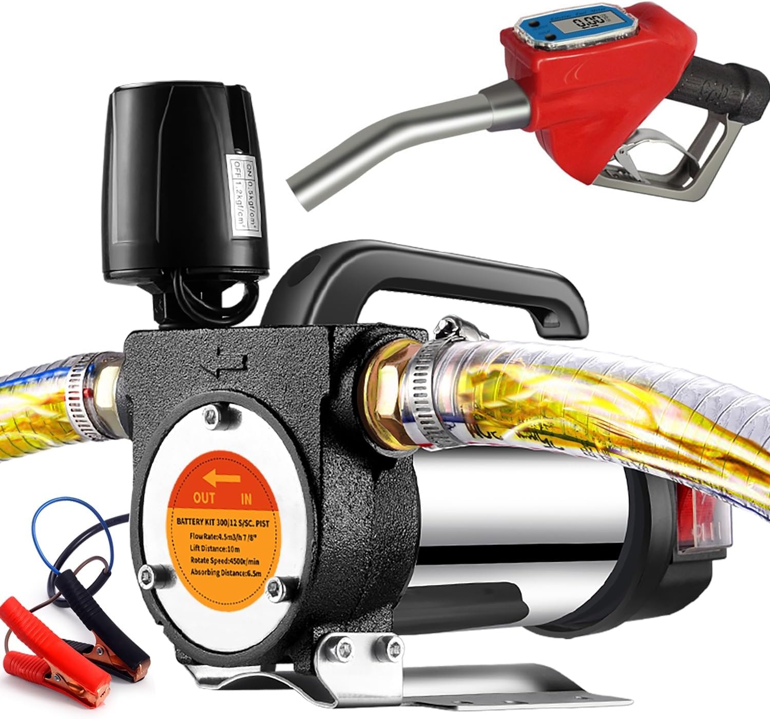 Brandstofoverdracht pomp kit, 12GPM draagbare elektrische zelfaanzuigende 12V 990W Diesel Transfer Pomp met automatische uitschakelmaatmondstuk 6 meter slang voor diesel, kerosine, machine,