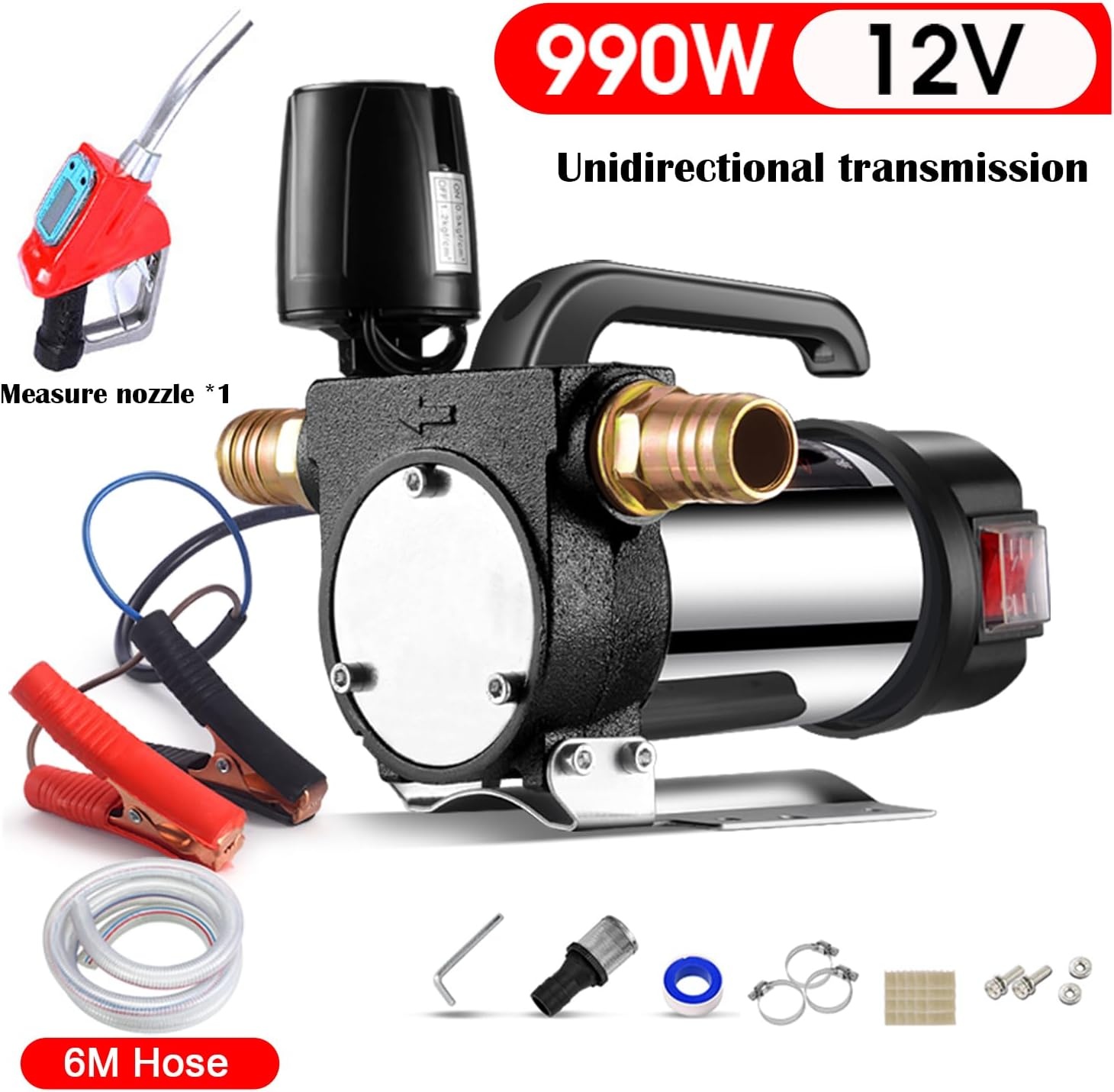 Brandstofoverdracht pomp kit, 12GPM draagbare elektrische zelfaanzuigende 12V 990W Diesel Transfer Pomp met automatische uitschakelmaatmondstuk 6 meter slang voor diesel, kerosine, machine,