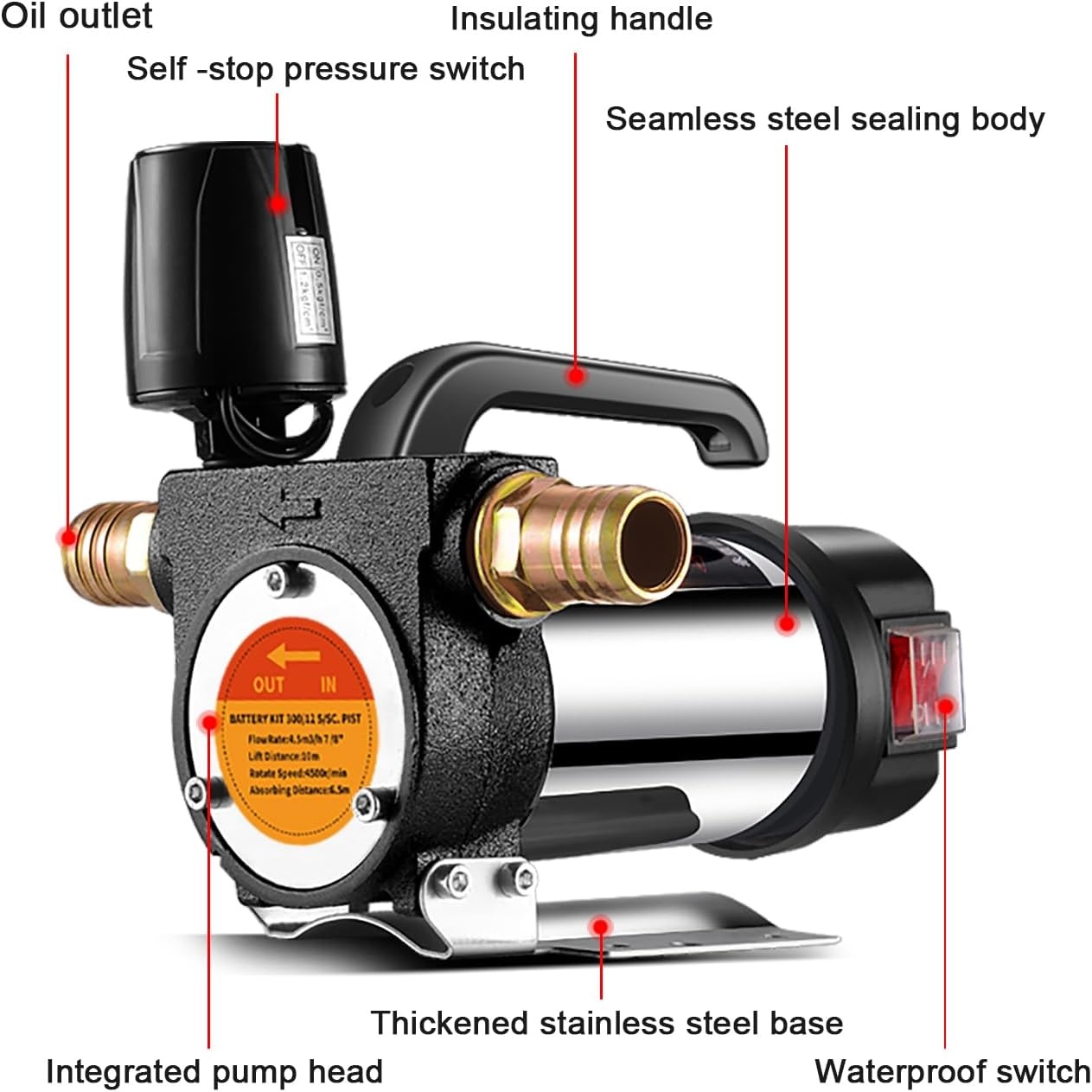 Brandstofoverdracht pomp kit, 12GPM draagbare elektrische zelfaanzuigende 12V 990W Diesel Transfer Pomp met automatische uitschakelmaatmondstuk 6 meter slang voor diesel, kerosine, machine,