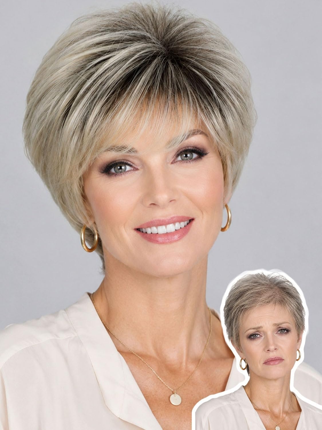 Pruik Pixie Ombre Platinablond Kort met Pony - Synthetisch & Lichtgewicht (58% Korting)