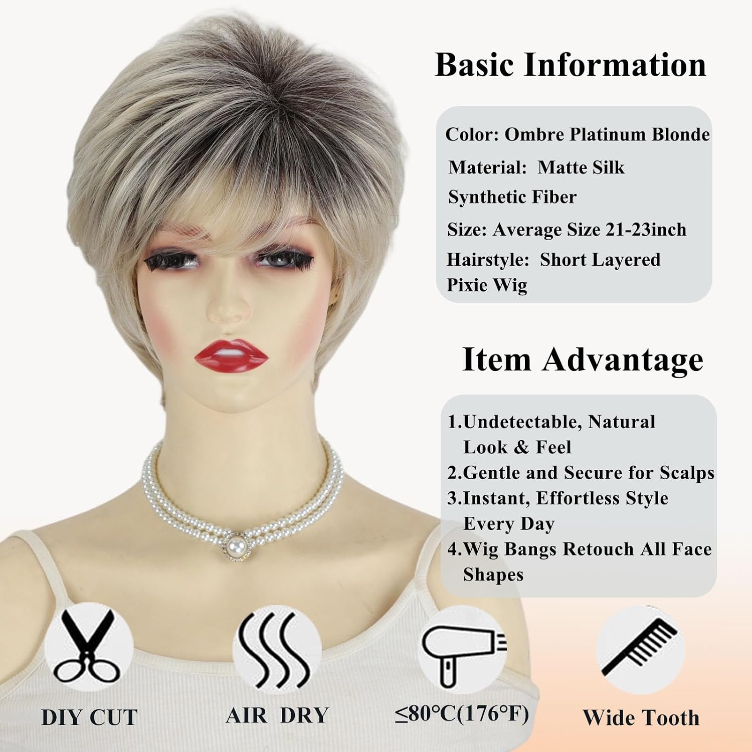 Pruik Pixie Ombre Platinablond Kort met Pony - Synthetisch & Lichtgewicht (58% Korting)