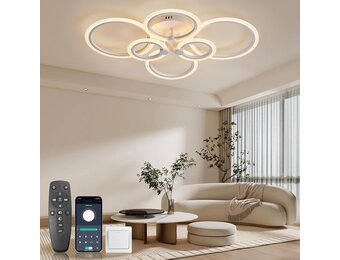 KSIBNW Plafondlamp LED-plafondlamp dimbaar moderne plafondlamp woonkamer 54W met afstandsbediening APP-bediening 6-ring acryl plafondlamp slaapkamer wit 2700K-6500K