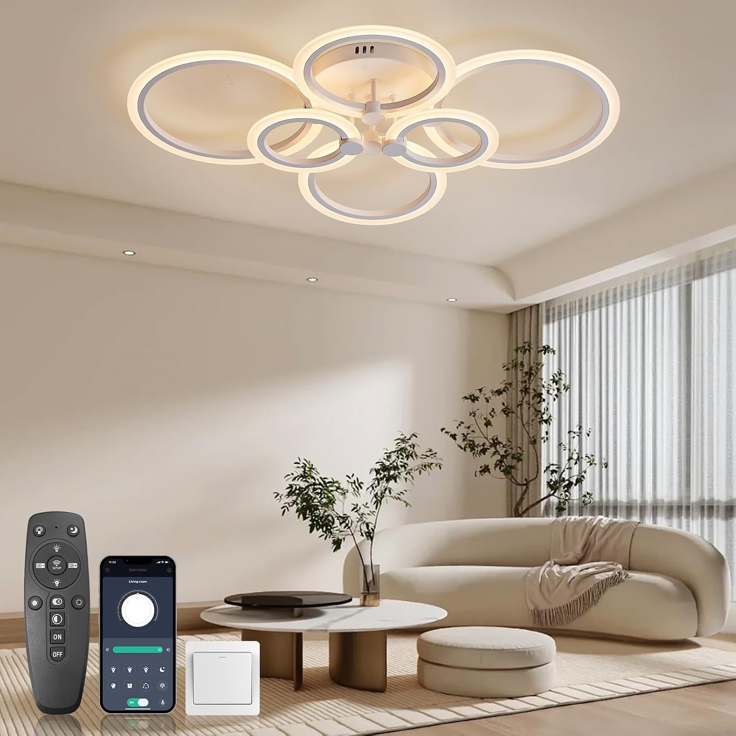 KSIBNW Plafondlamp LED-plafondlamp dimbaar moderne plafondlamp woonkamer 54W met afstandsbediening APP-bediening 6-ring acryl plafondlamp slaapkamer wit 2700K-6500K