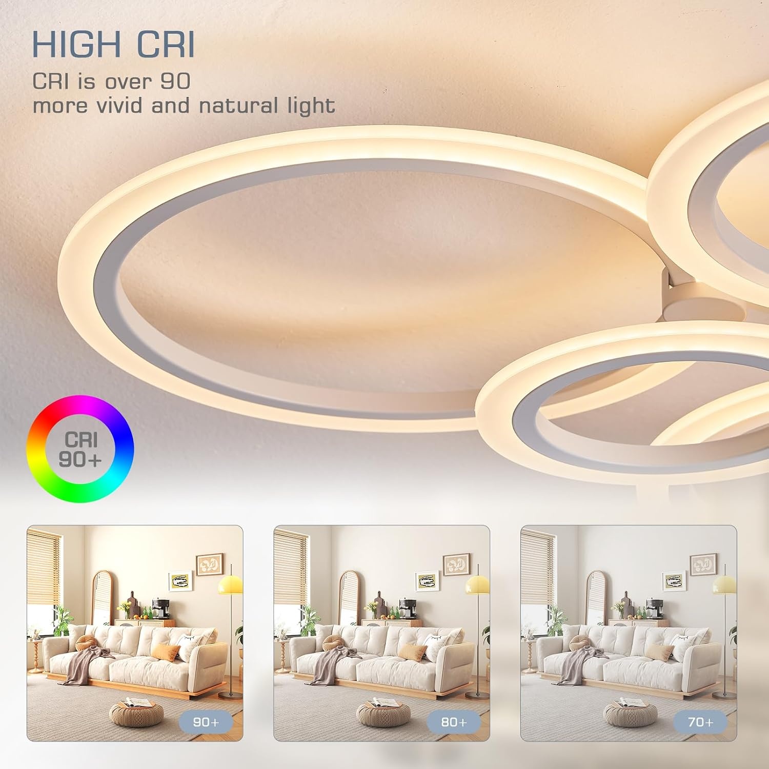 KSIBNW Plafondlamp LED-plafondlamp dimbaar moderne plafondlamp woonkamer 54W met afstandsbediening APP-bediening 6-ring acryl plafondlamp slaapkamer wit 2700K-6500K