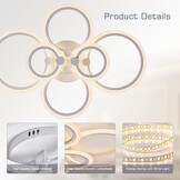 KSIBNW Plafondlamp LED-plafondlamp dimbaar moderne plafondlamp woonkamer 54W met afstandsbediening APP-bediening 6-ring acryl plafondlamp slaapkamer wit 2700K-6500K