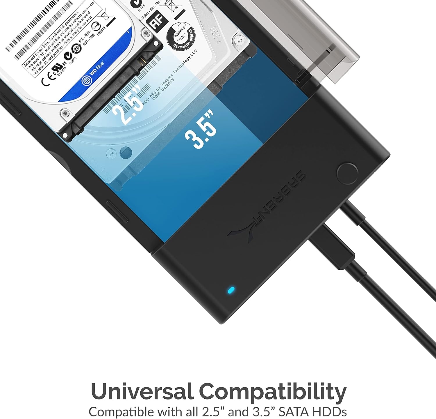 SABRENT SSD/HDD 2,5/3,5 inch docking station, USB 3.2 Gen1 harde schijf, SATA naar usb behuizing met voeding 12v, harde schijf externe adapter case type A met 1,8m kabel, zonder gereedschap (EC-DFLT)