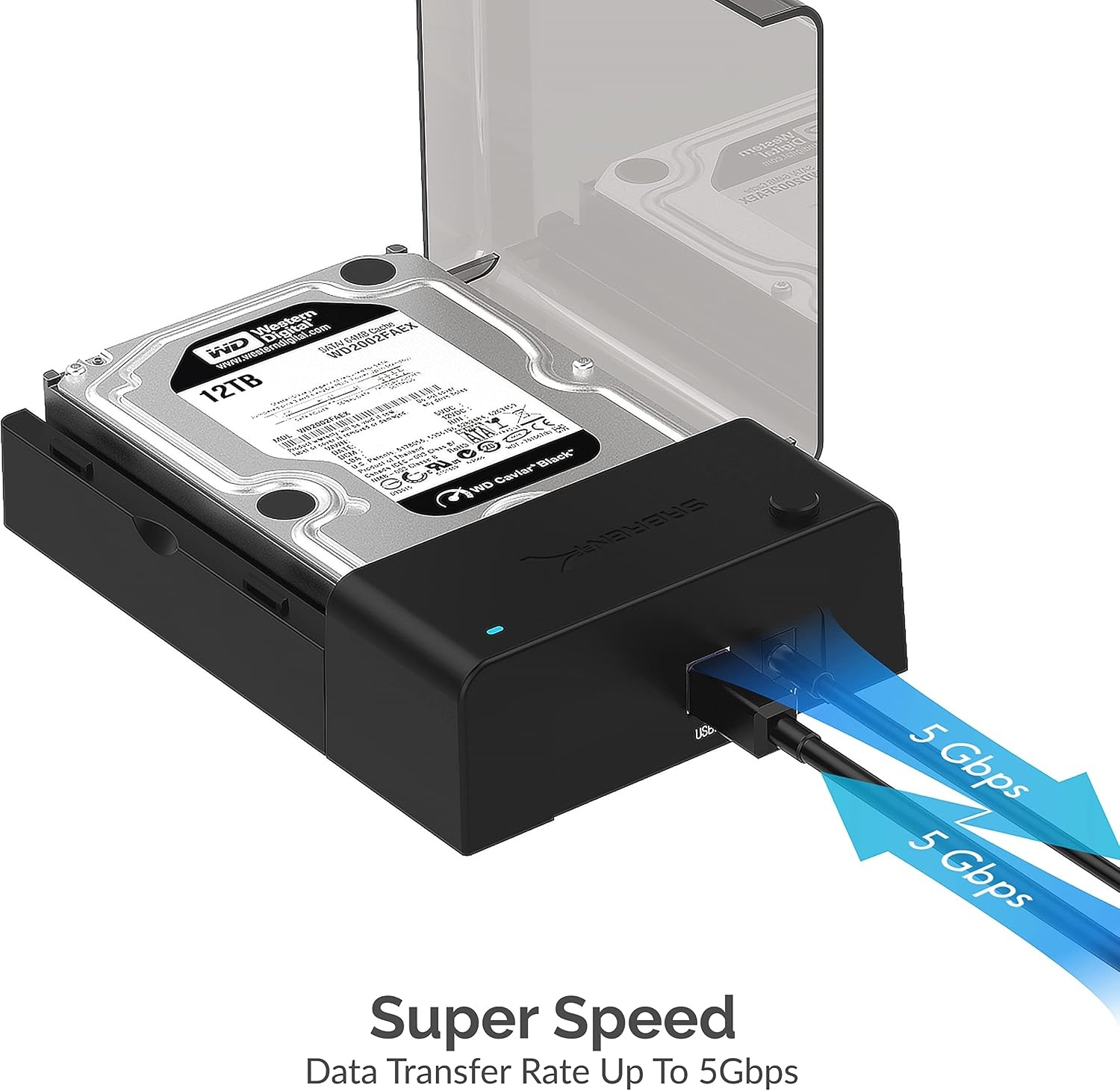 SABRENT SSD/HDD 2,5/3,5 inch docking station, USB 3.2 Gen1 harde schijf, SATA naar usb behuizing met voeding 12v, harde schijf externe adapter case type A met 1,8m kabel, zonder gereedschap (EC-DFLT)