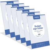 Europel Budget tafelstandaards, 6 stuks, L-standaard, DIN A4 hoog, kristalhelder polystyreen 1,5 mm, menu- en brochurestandaards voor restaurants, hotels, conferenties en recepties