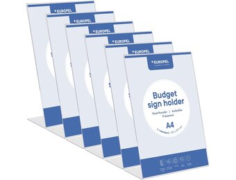 Europel Budget tafelstandaards, 6 stuks, L-standaard, DIN A4 hoog, kristalhelder polystyreen 1,5 mm, menu- en brochurestandaards voor restaurants, hotels, conferenties en recepties
