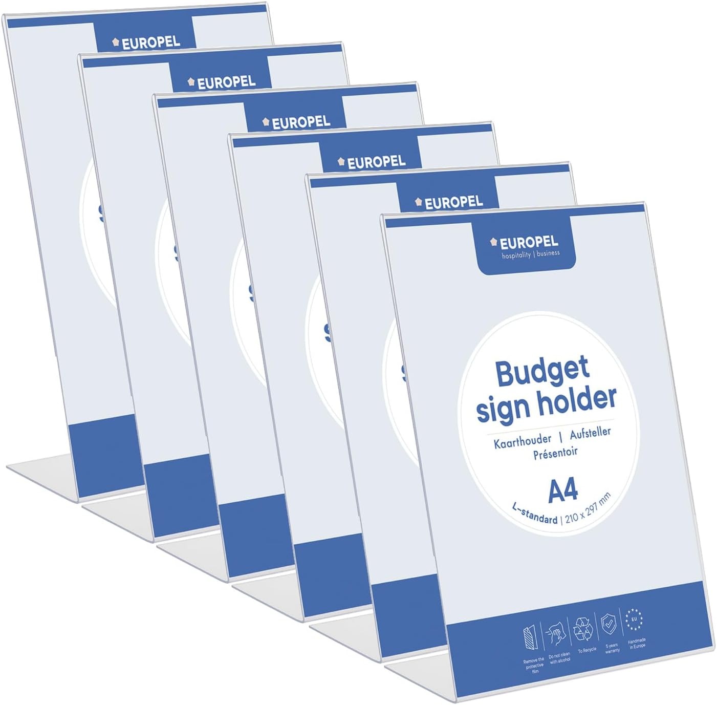 Europel Budget tafelstandaards, 6 stuks, L-standaard, DIN A4 hoog, kristalhelder polystyreen 1,5 mm, menu- en brochurestandaards voor restaurants, hotels, conferenties en recepties