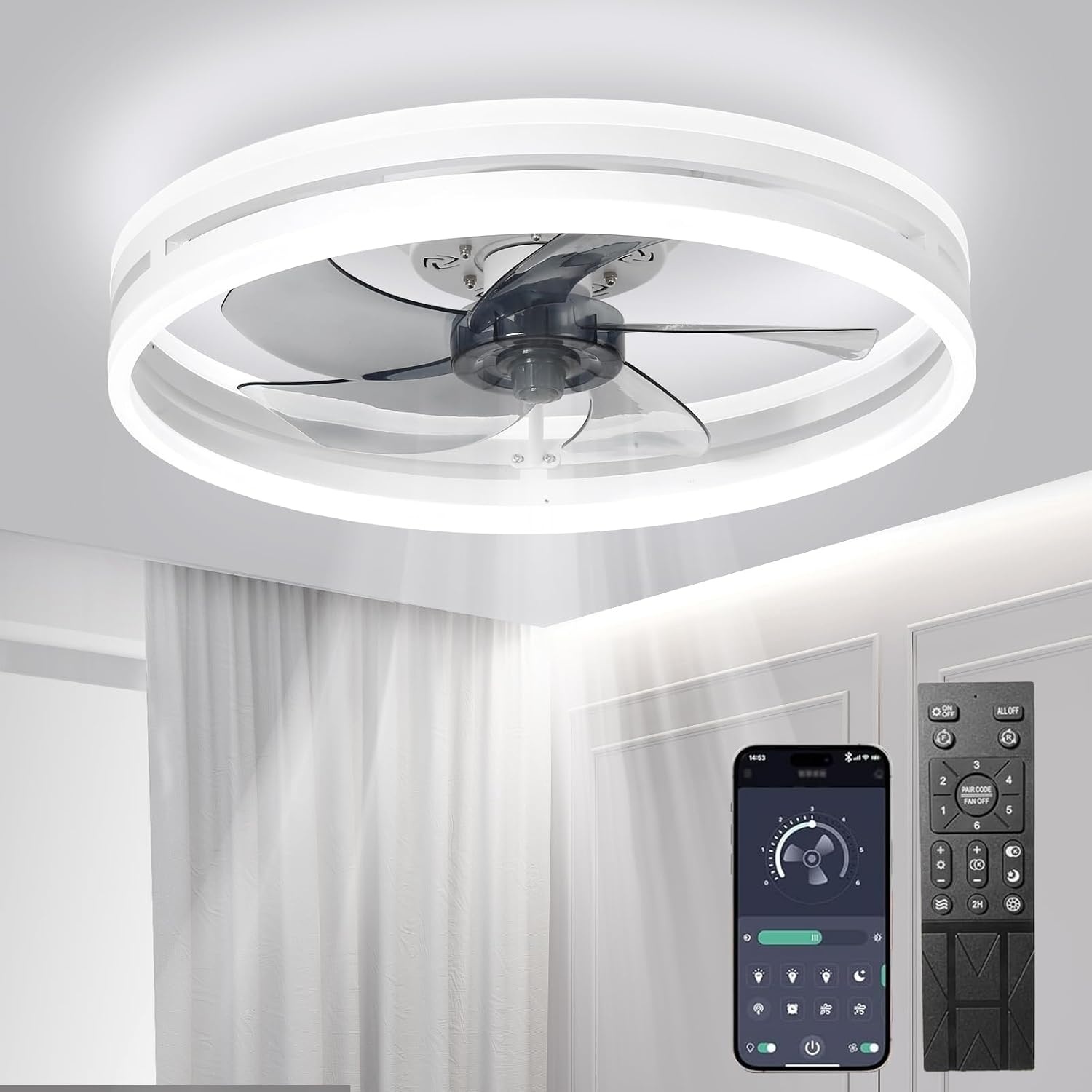 Stille Plafondventilator met Ledverlichting 40 cm - Dimbaar met Afstandsbediening en App - Wit