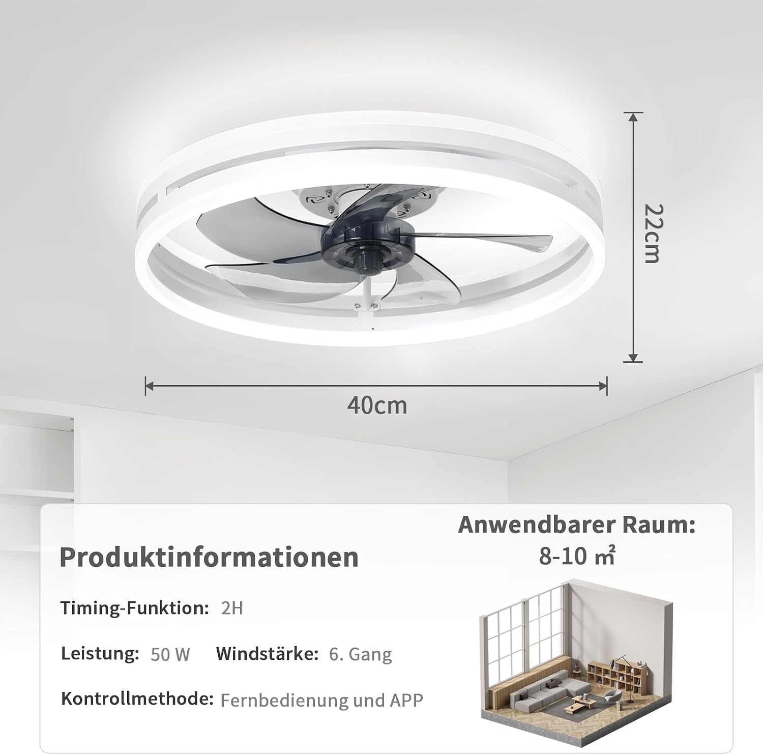 Stille Plafondventilator met Ledverlichting 40 cm - Dimbaar met Afstandsbediening en App - Wit