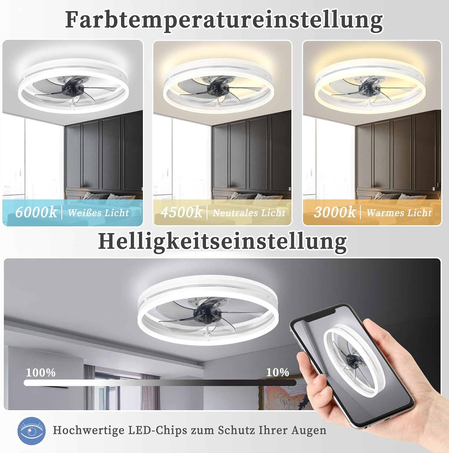 Stille Plafondventilator met Ledverlichting 40 cm - Dimbaar met Afstandsbediening en App - Wit
