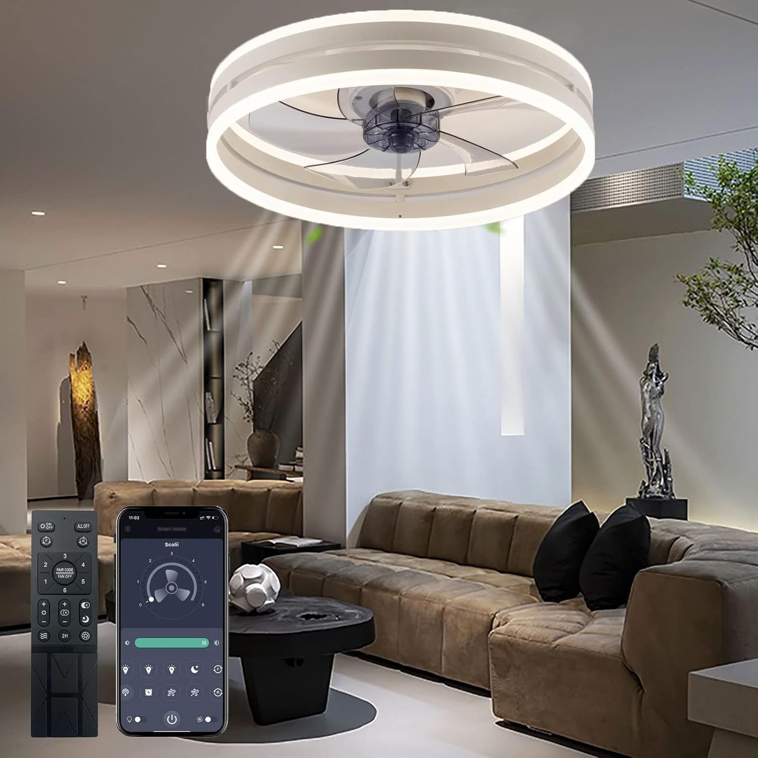 Stille Plafondventilator met Ledverlichting 40 cm - Dimbaar met Afstandsbediening en App - Wit