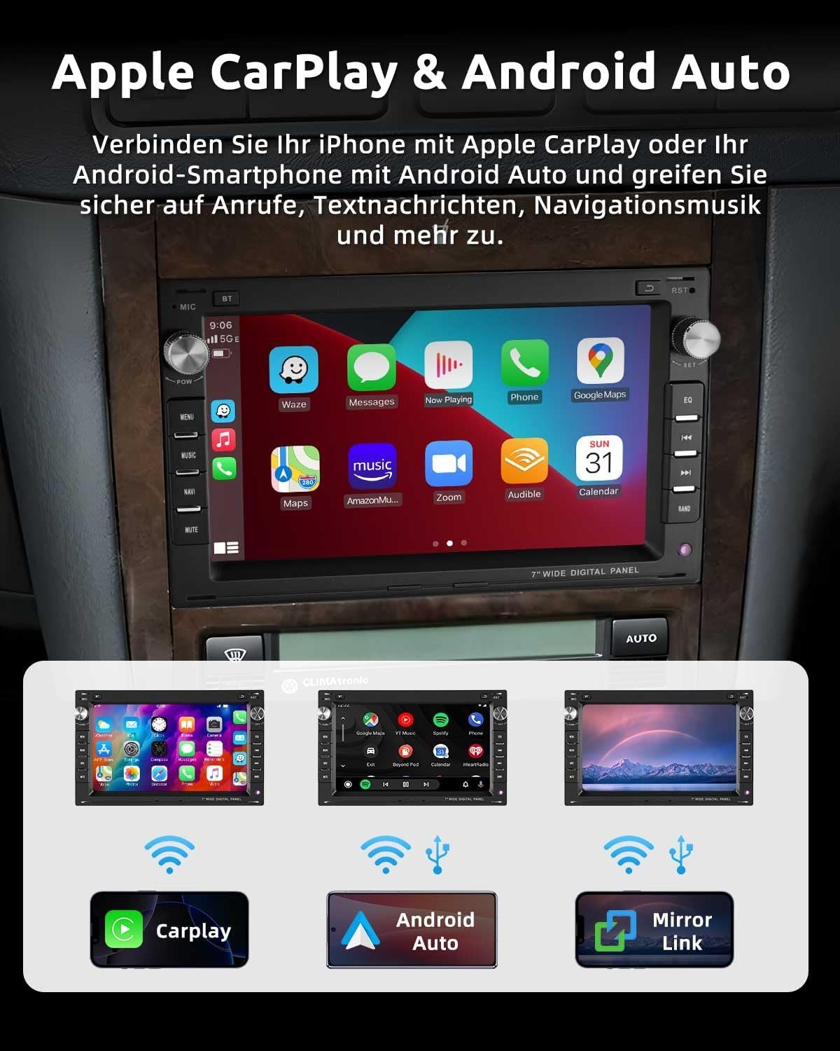 ESSGOO 7 Inch Android 15 Autoradio voor VW, Skoda en Seat - 2GB RAM & 64GB ROM - CarPlay & Android Auto