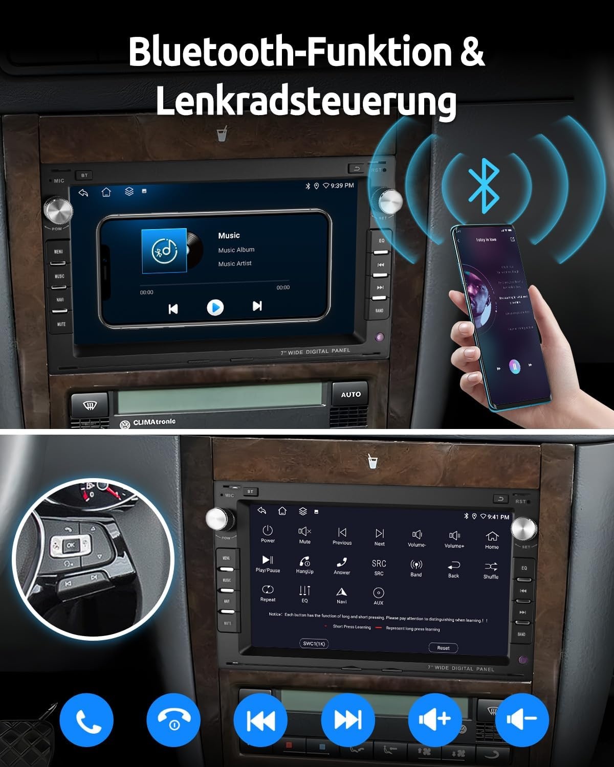 ESSGOO 7 Inch Android 15 Autoradio voor VW, Skoda en Seat - 2GB RAM & 64GB ROM - CarPlay & Android Auto