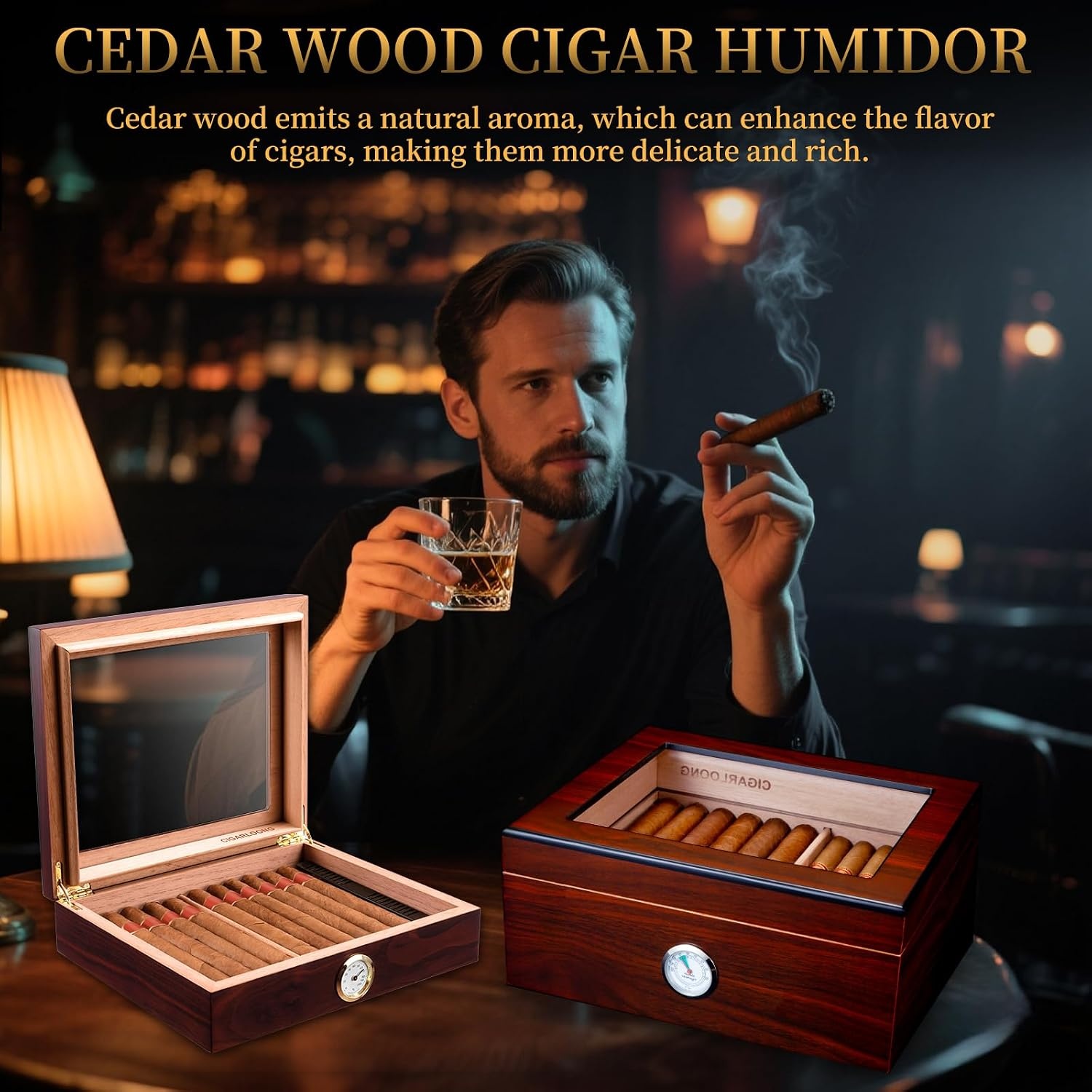 Humidor Cederhout - 50-70 Sigaren - Met Hygrometer & Bevochtiger - 53% Korting