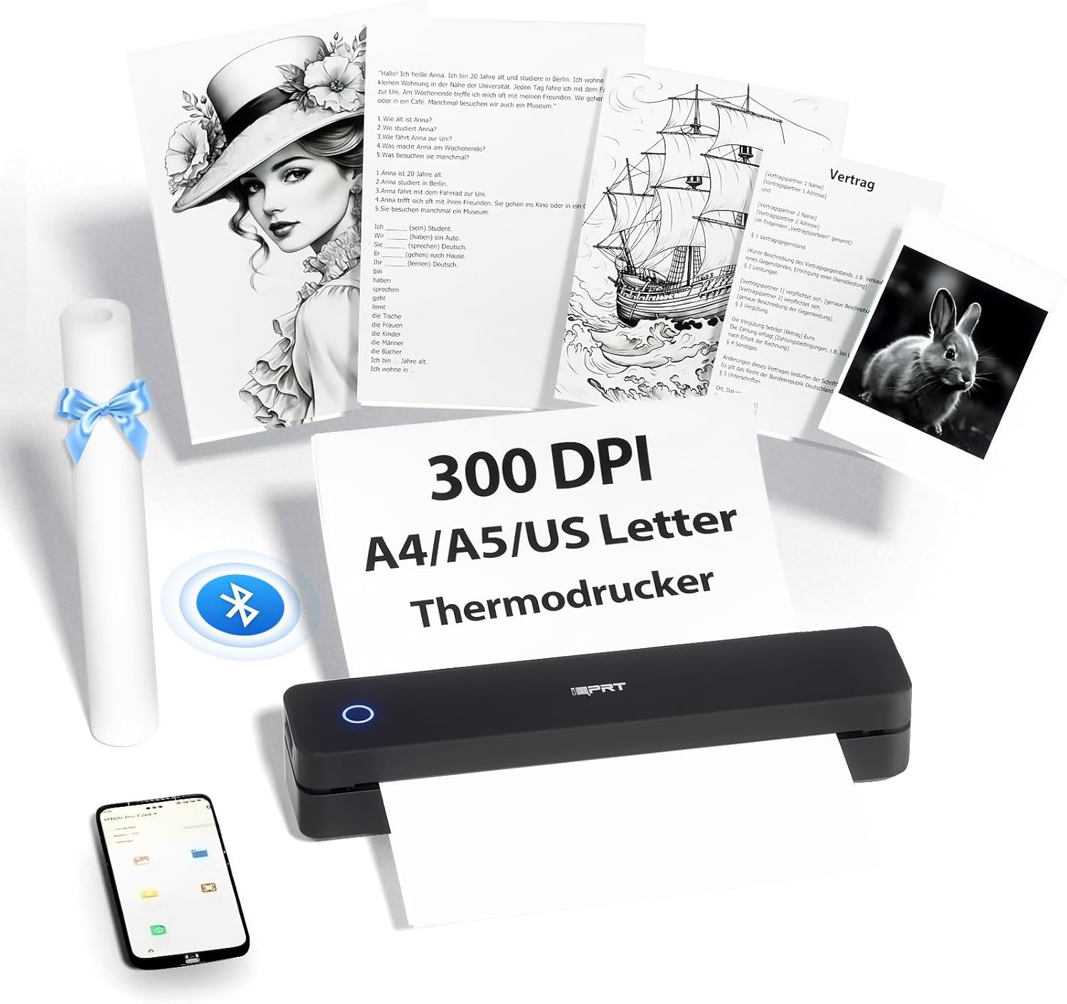 iDPRT MT610 Draagbare thermische printer, mobiele printer A4 voor onderweg, A4, compatibel met Windows, iOS, Android, 300 dpi monochrome reisprinter voor thuis, leren, zwart