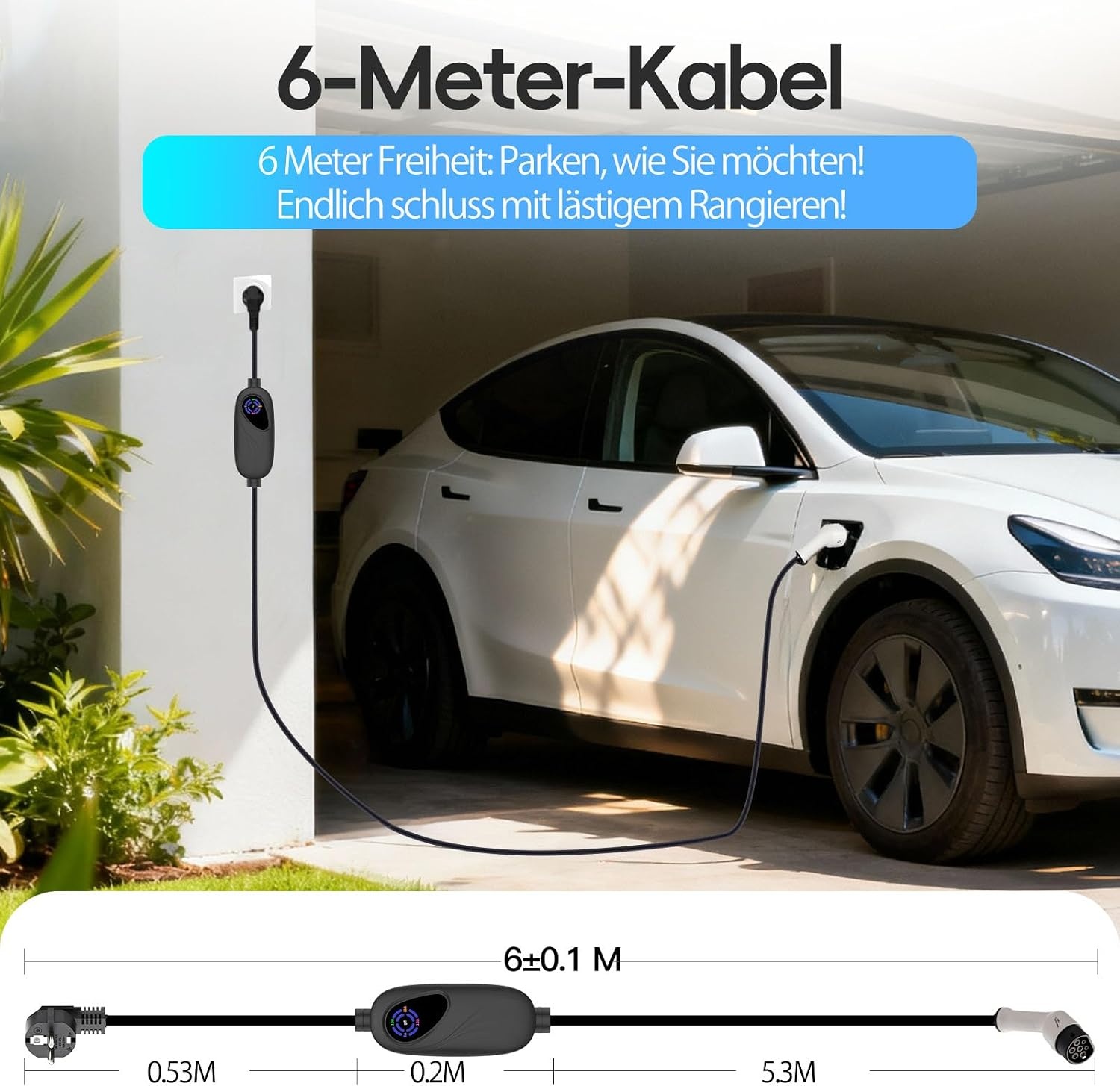 Mobiele Ladekabel Type 2 naar Schuko 3,7kW - 6m, Instelbaar