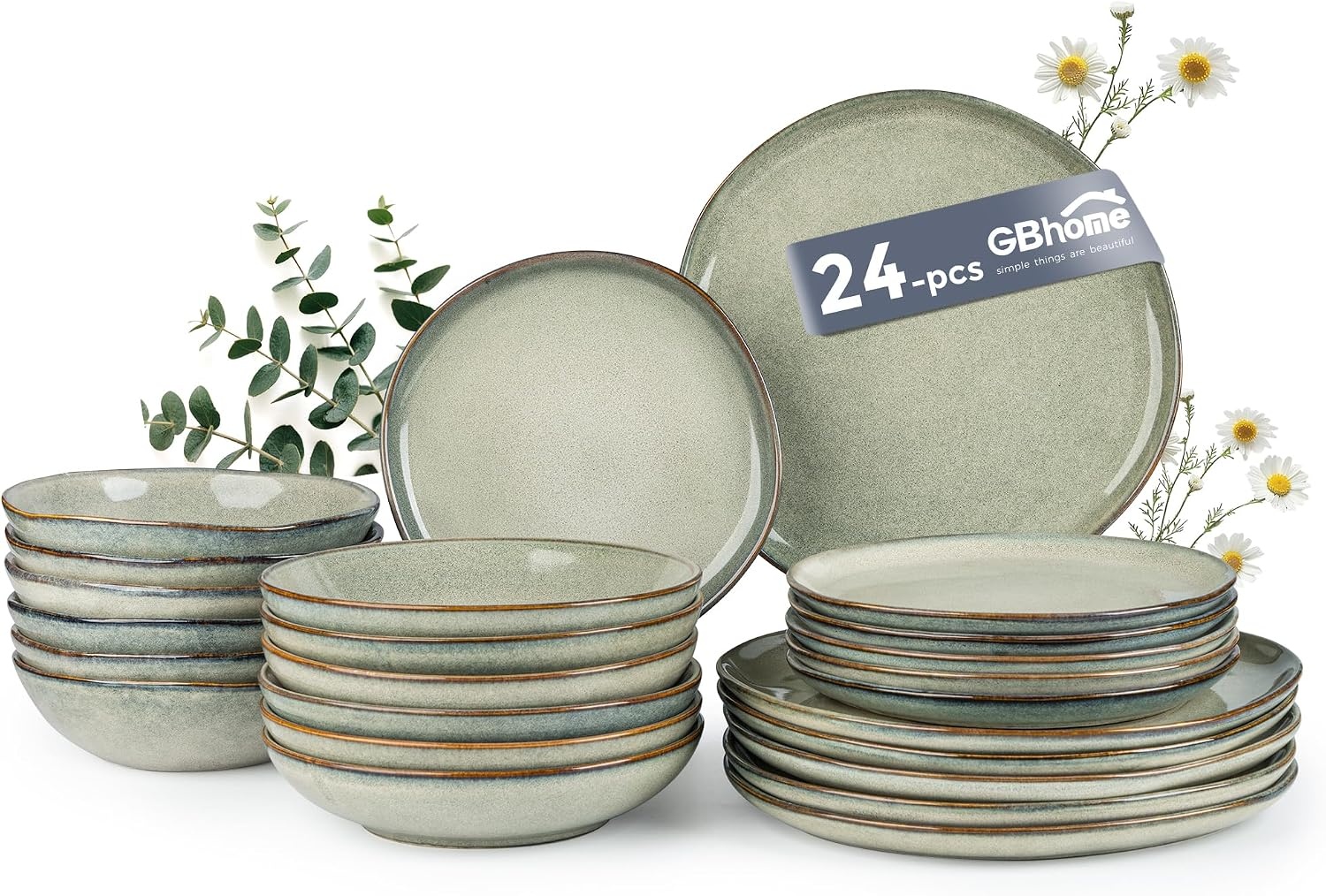 Serviesset 6p | 24-delig Steengoed Saliegroen | 30% Korting