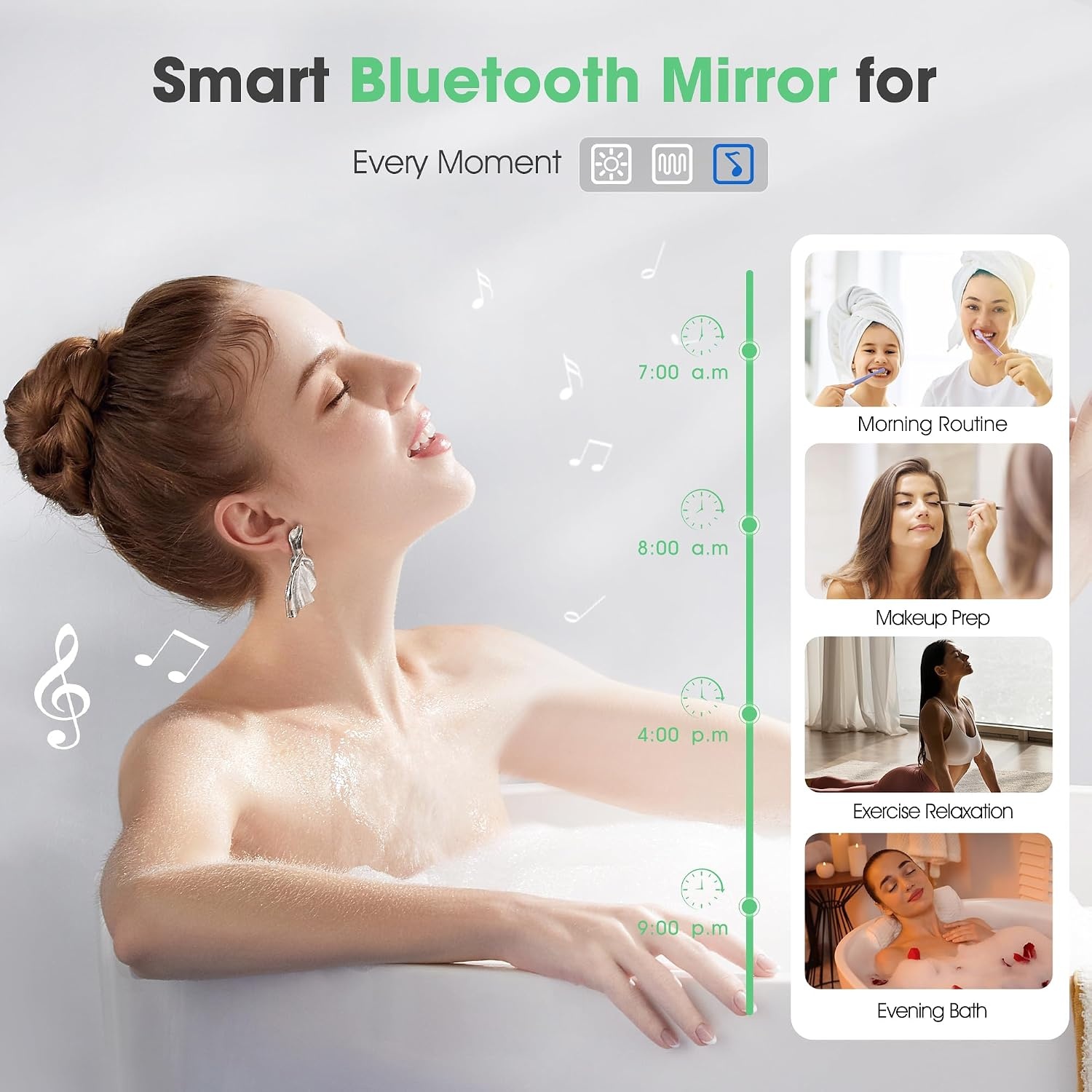 S'bagno Bluetooth-Bathroom-Mirror-with-LED-Lights 1000x700mm, LED-Bathroom-Mirror with Defogging Mat, 3000K-6500K, Dimmable, Memory, HD Tempered Glass, IP44 Waterproof, Horizontal/Vertical