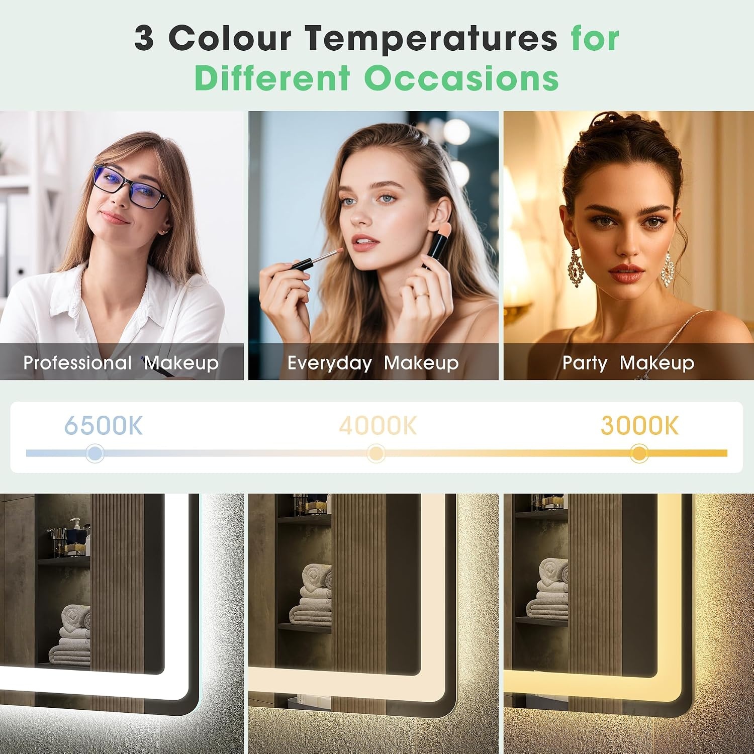 S'bagno Bluetooth-Bathroom-Mirror-with-LED-Lights 1000x700mm, LED-Bathroom-Mirror with Defogging Mat, 3000K-6500K, Dimmable, Memory, HD Tempered Glass, IP44 Waterproof, Horizontal/Vertical